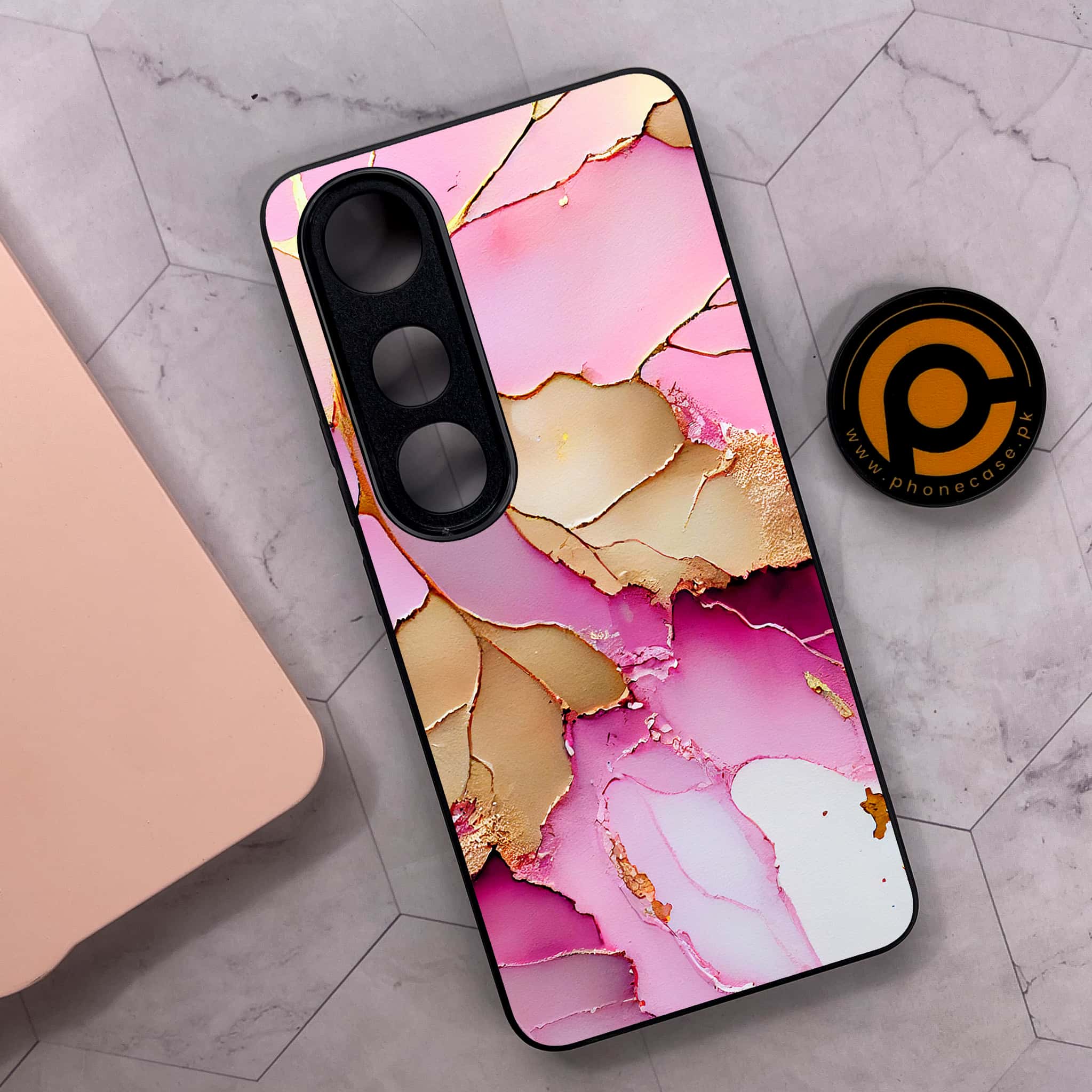 Vivo V50 Lite - Pink Marble 2.0 Series - Premium Metal Printed soft Bumper shock Proof Case