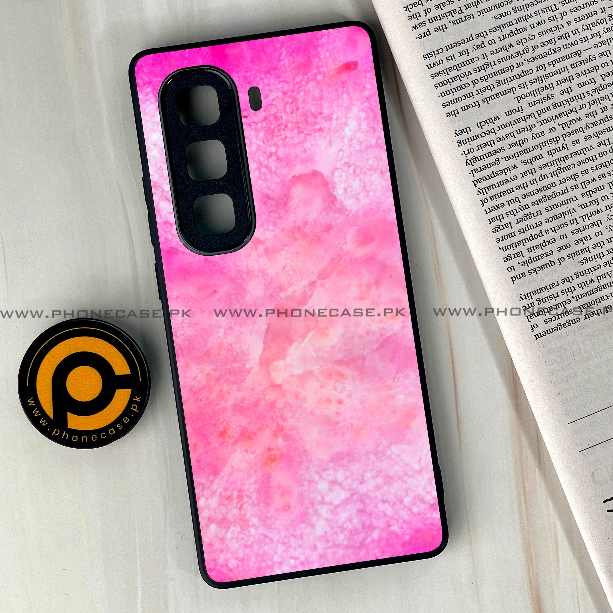 Infinix Hot 50 Pro Plus - Pink Marble 2.0 Series - Premium Printed Glass soft Bumper shock Proof Case