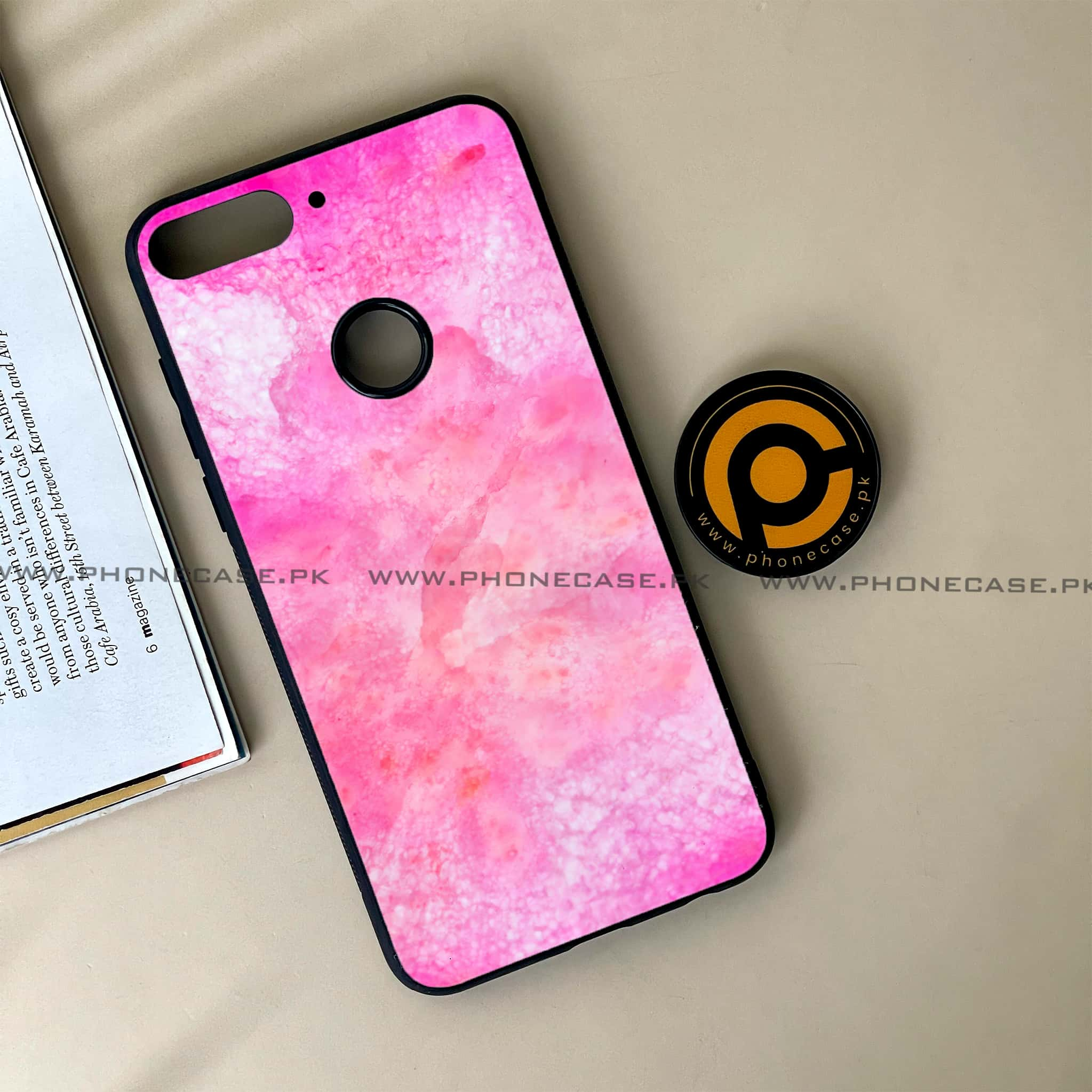 Huawei Y7 Prime (2018) - Pink Marble 2.0 Series - Premium Printed Glass soft Bumper shock Proof Case