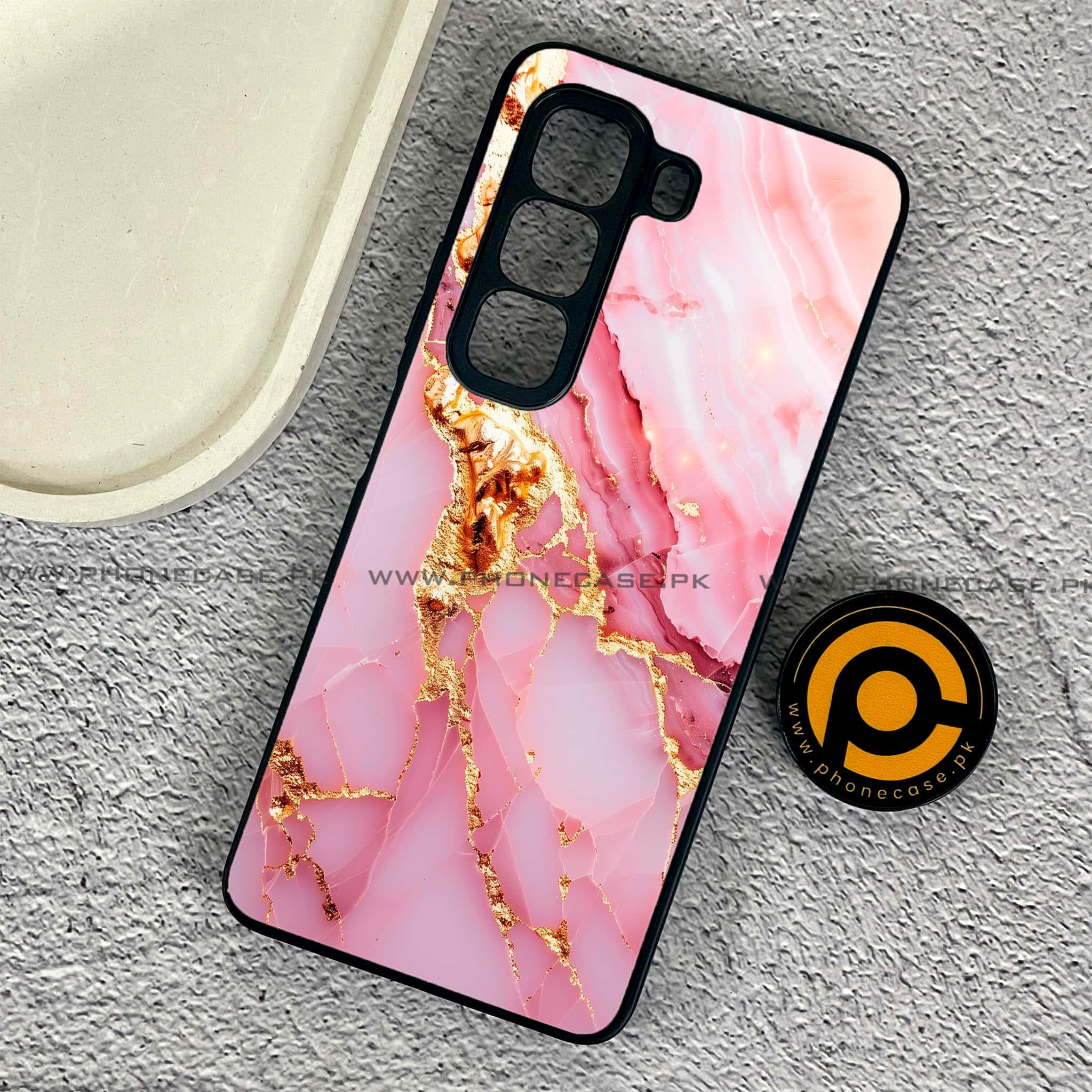 Infinix Hot 50 Pro - Pink Marble 2.0 Series - Premium Printed Glass soft Bumper shock Proof Case