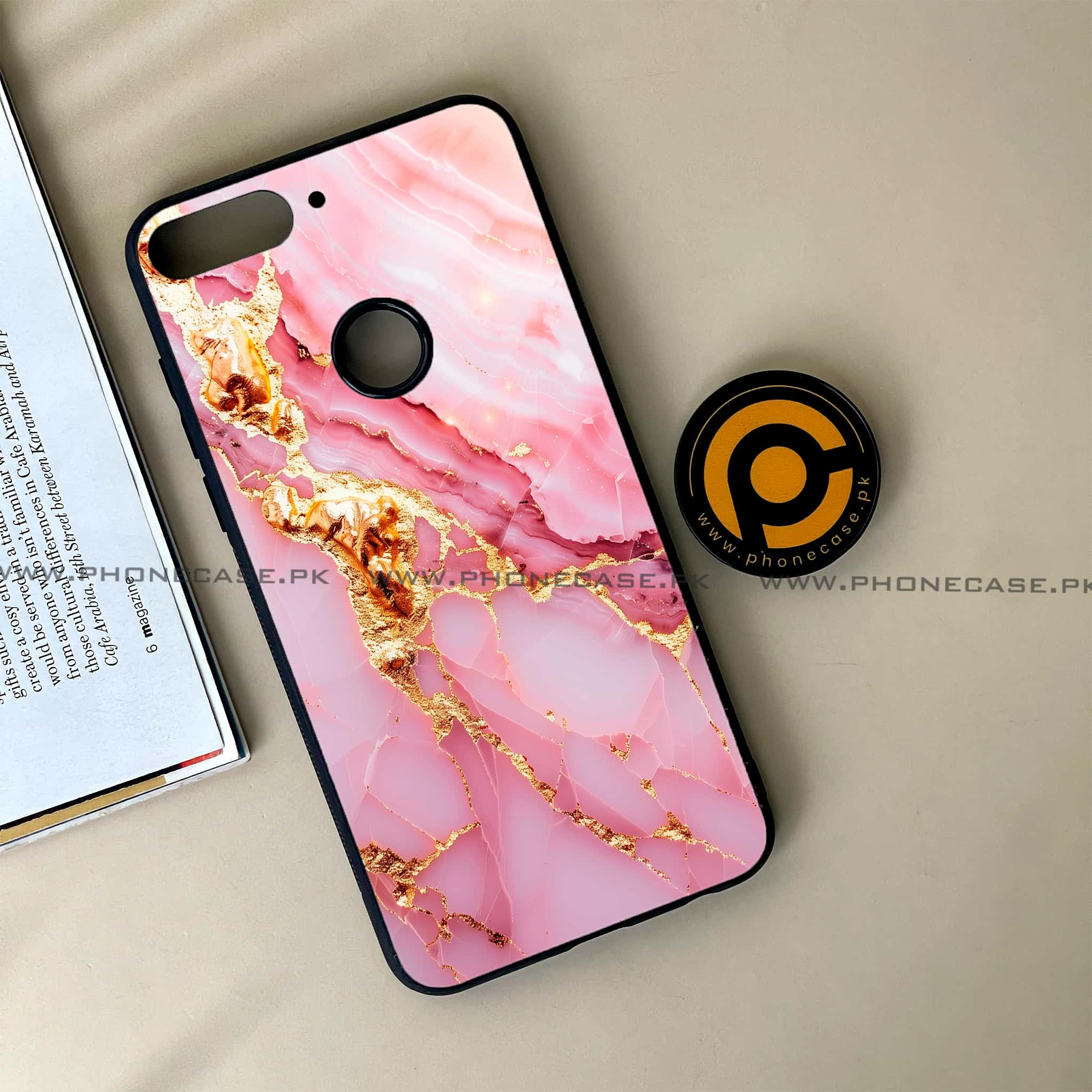 Huawei Y7 Prime (2018) - Pink Marble 2.0 Series - Premium Printed Glass soft Bumper shock Proof Case