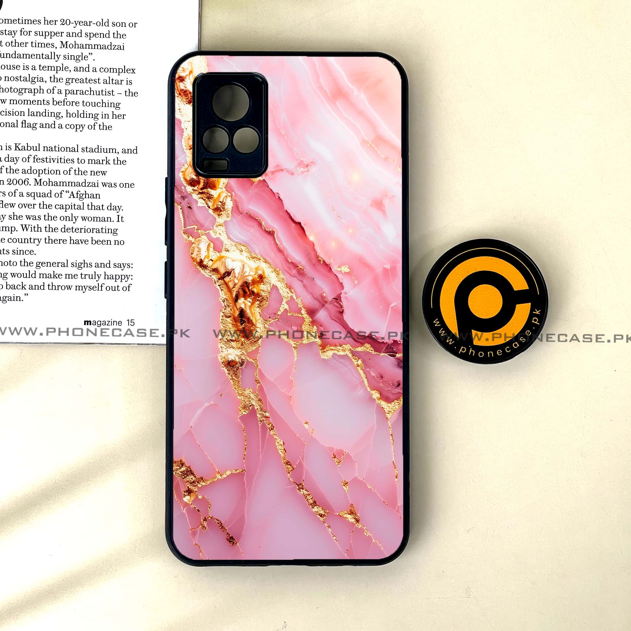 Vivo V20 - Pink Marble 2.0 Series - Premium Printed Glass soft Bumper shock Proof Case