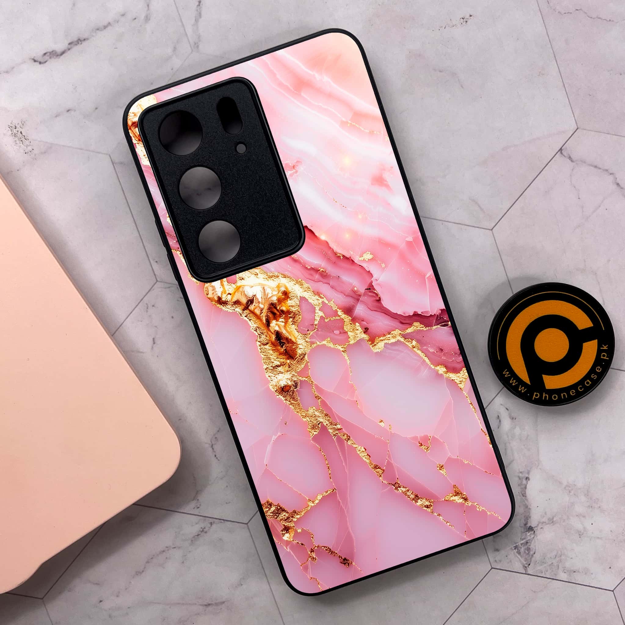Realme C75x 4G - Pink Marble 2.0 Series - Premium Metal Printed soft Bumper shock Proof Case