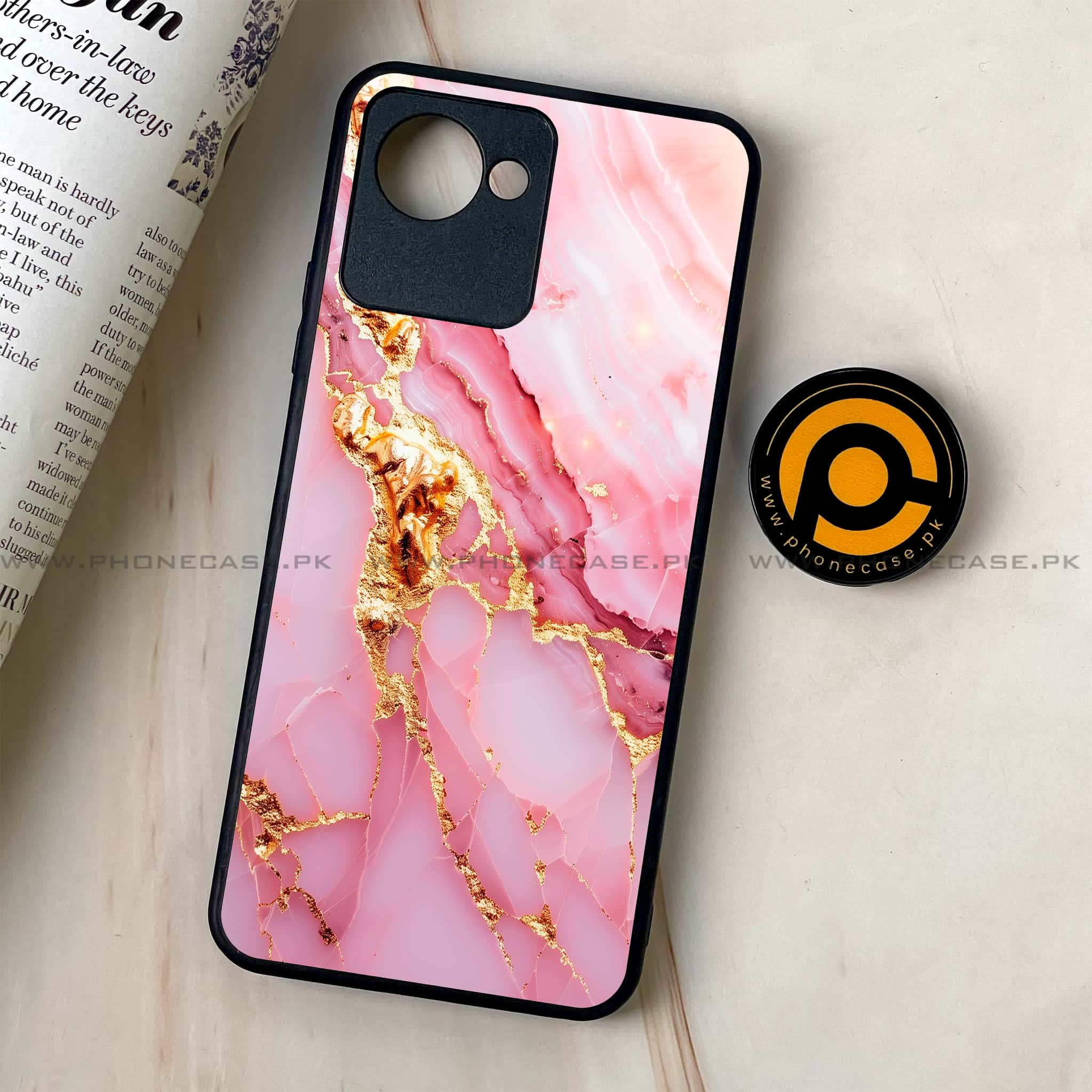 Realme C30 - Pink Marble 2.0 Series - Premium Printed Glass soft Bumper shock Proof Case