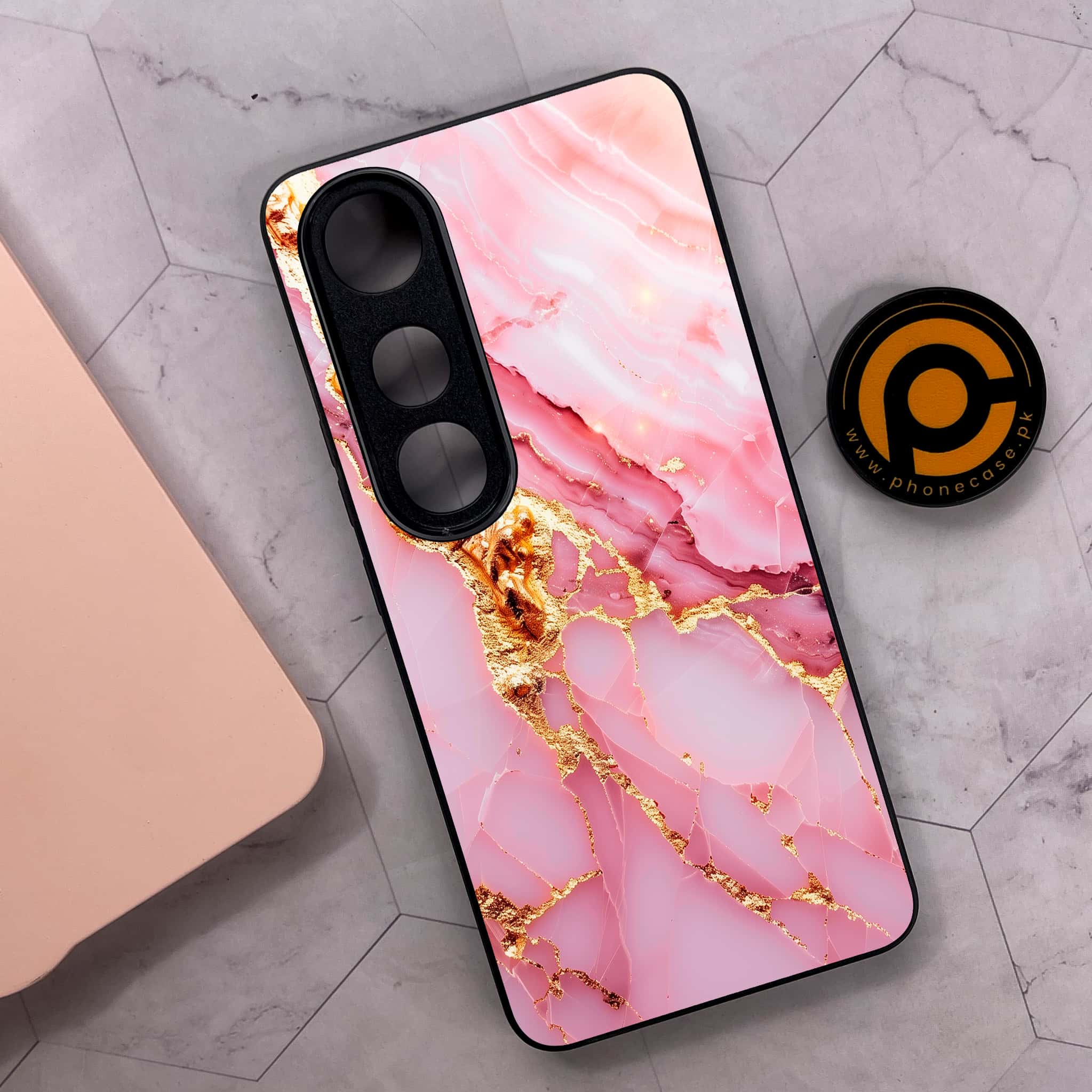 Vivo V50 Lite - Pink Marble 2.0 Series - Premium Metal Printed soft Bumper shock Proof Case
