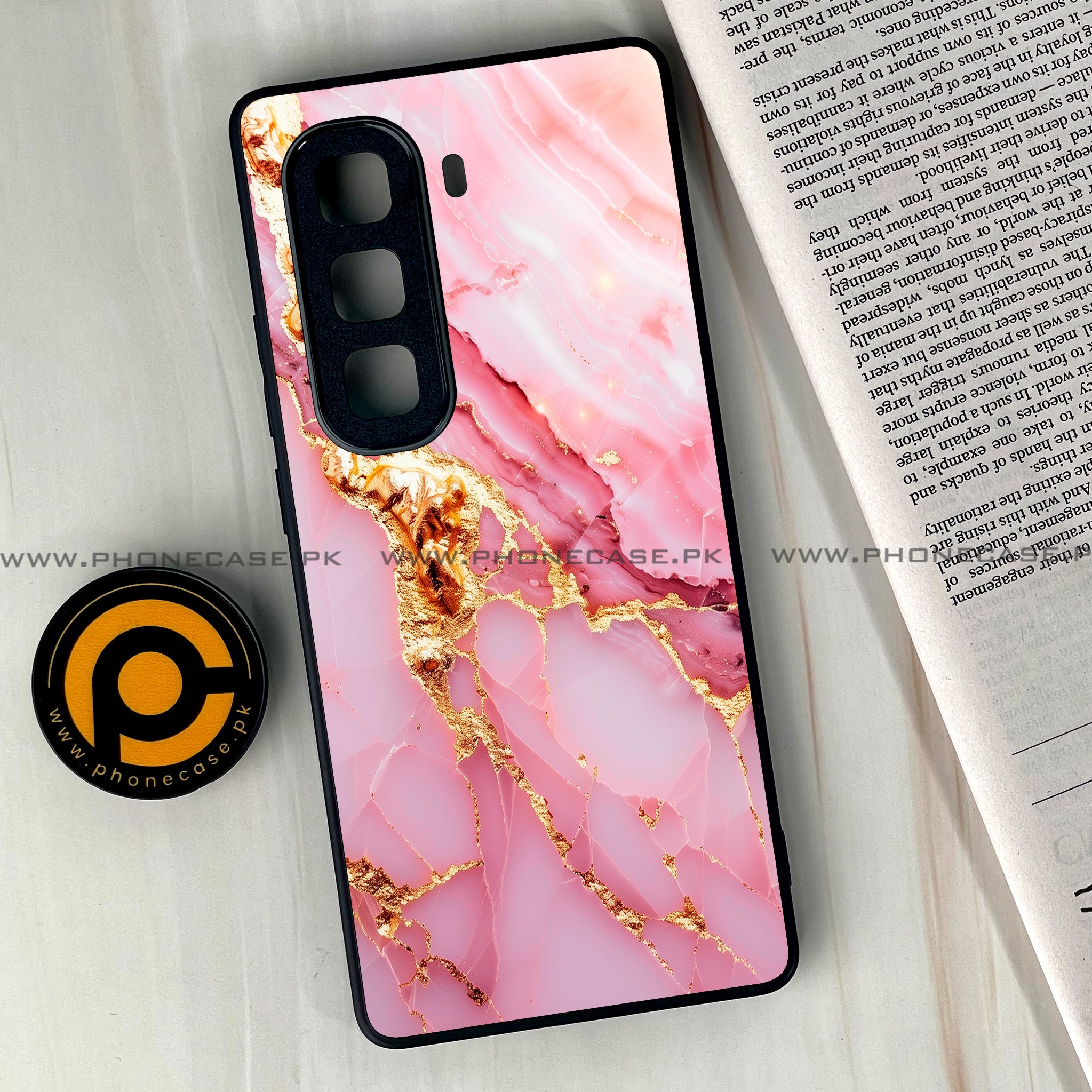 Infinix Hot 50 Pro Plus - Pink Marble 2.0 Series - Premium Printed Glass soft Bumper shock Proof Case