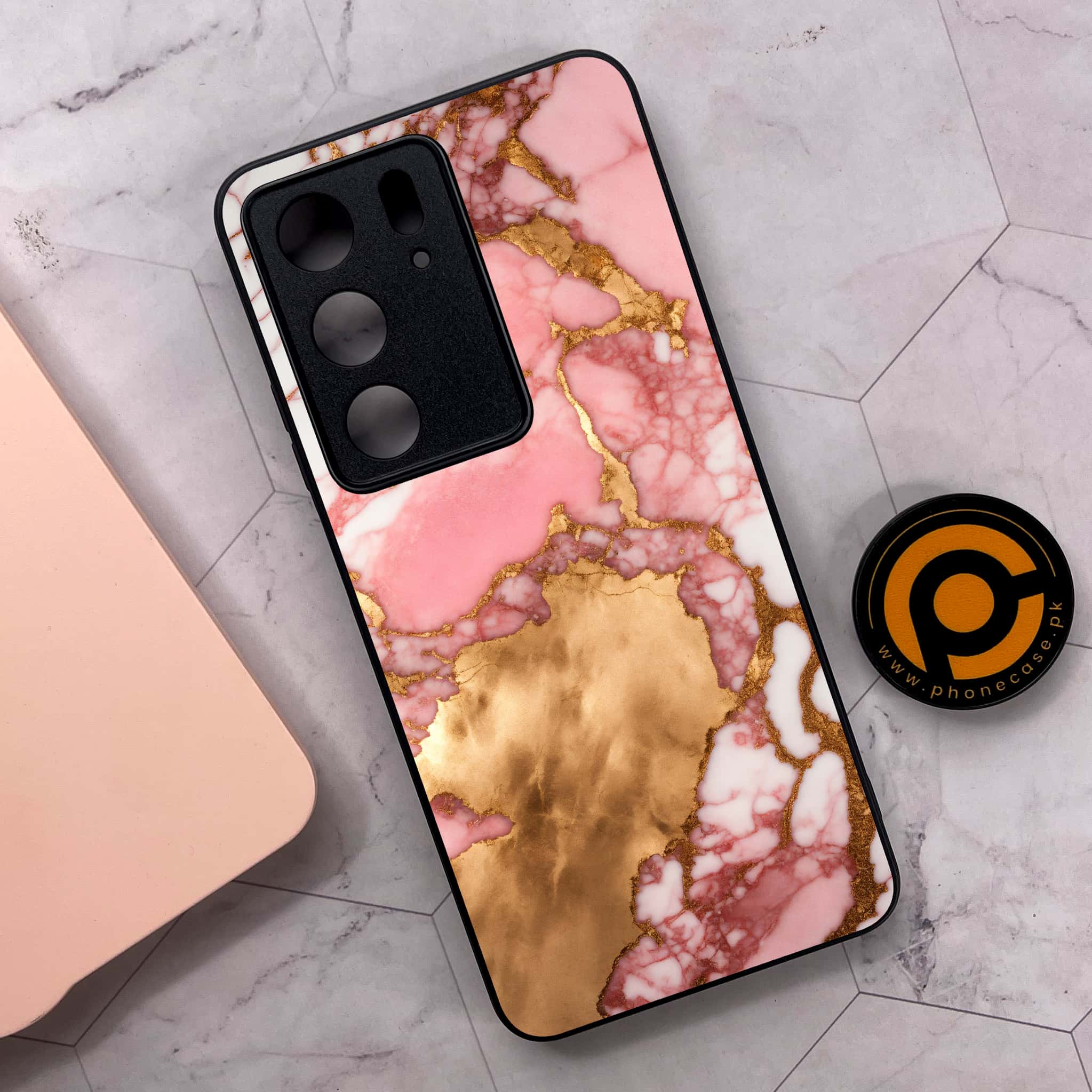 Realme C75x 4G - Pink Marble 2.0 Series - Premium Metal Printed soft Bumper shock Proof Case