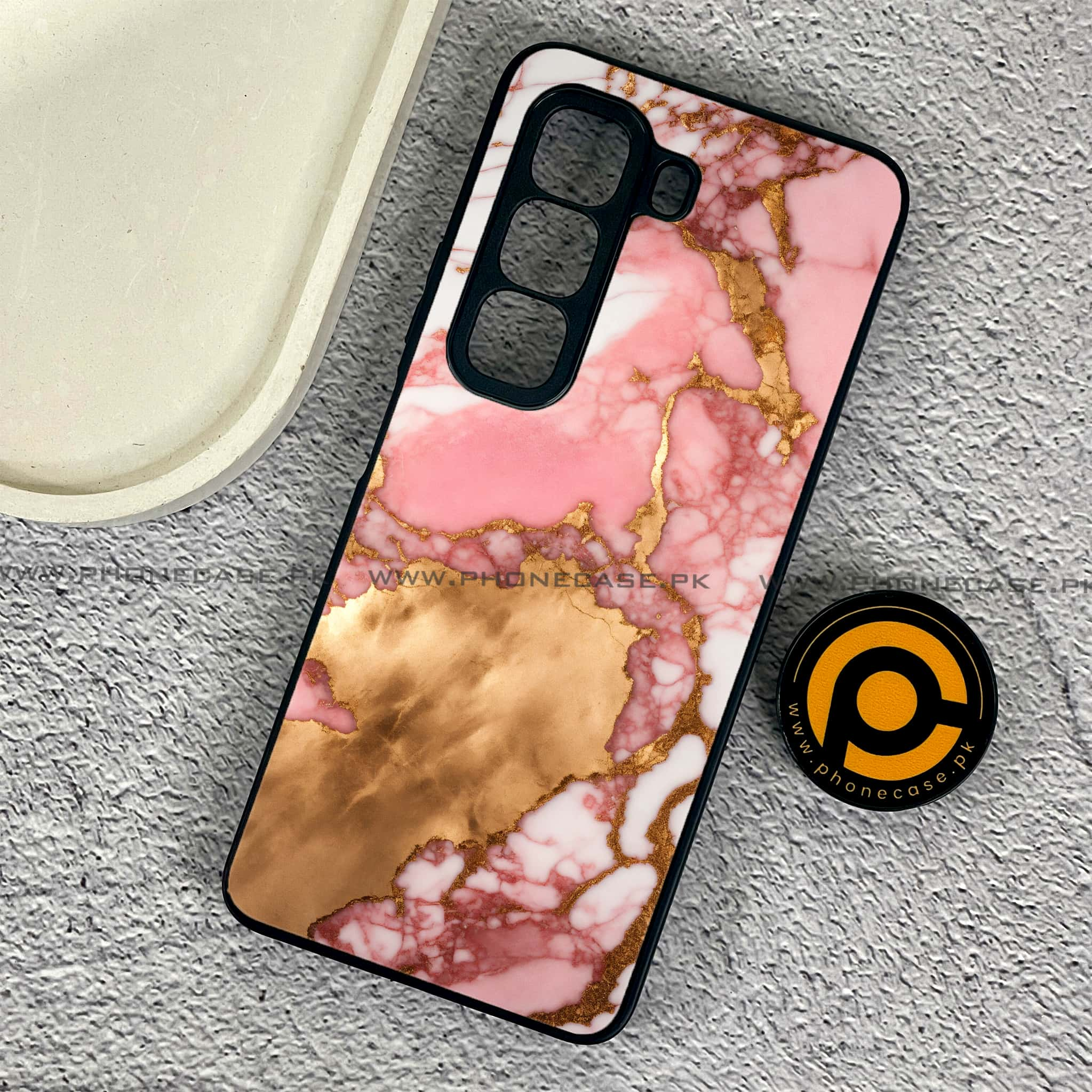 Infinix Hot 50 Pro - Pink Marble 2.0 Series - Premium Printed Glass soft Bumper shock Proof Case