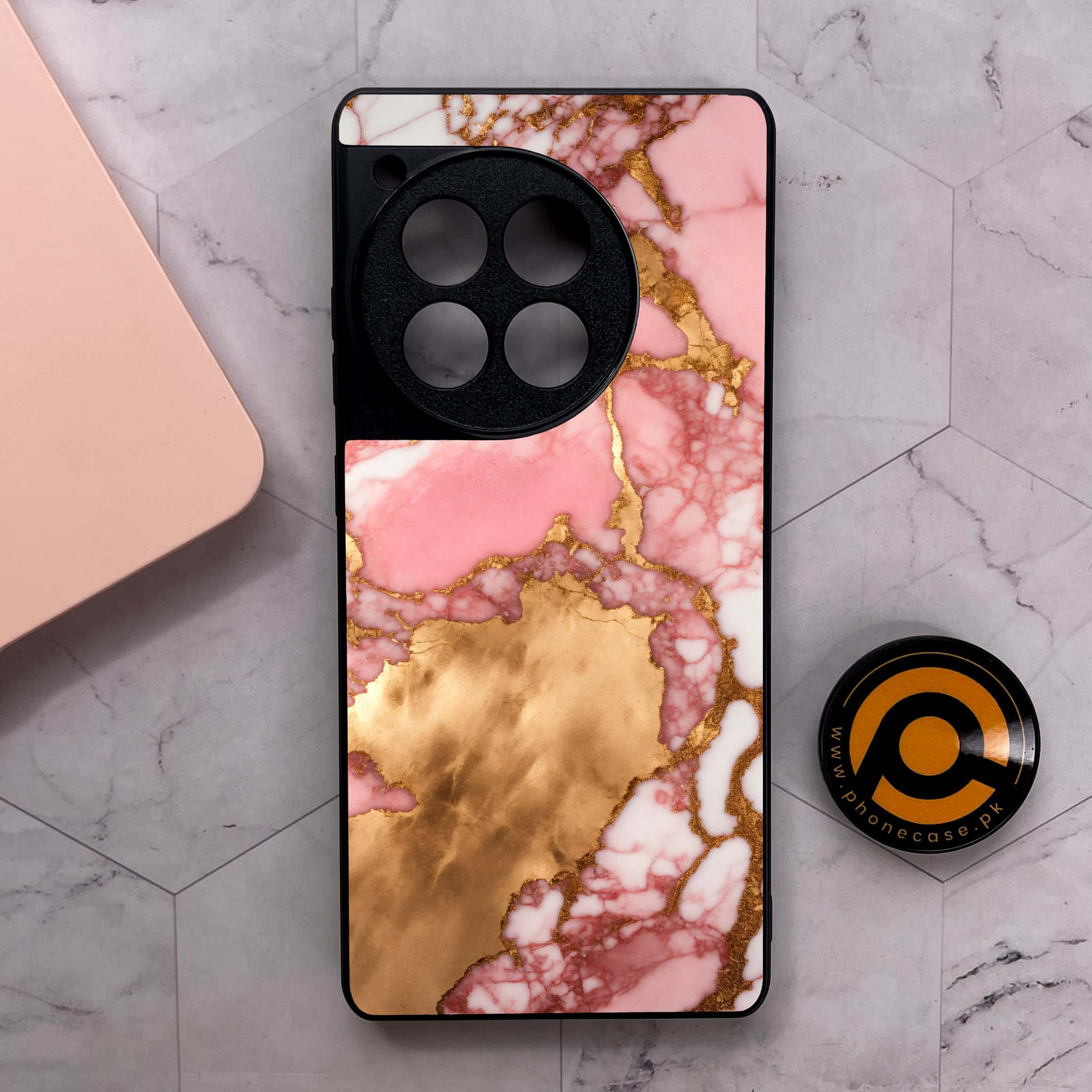 OnePlus 12R - Pink Marble 2.0 Series - Premium Metal Printed soft Bumper shock Proof Case