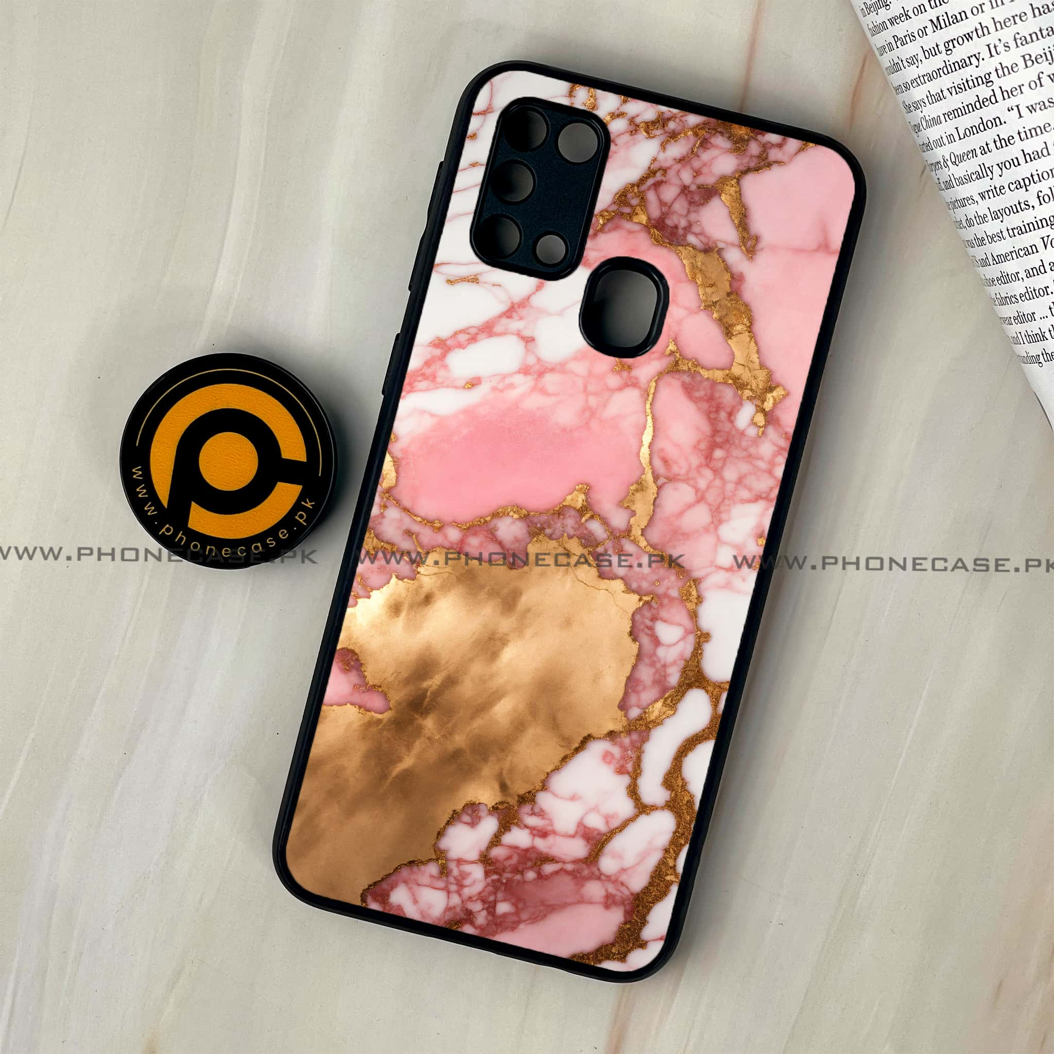 Galaxy M31 - Pink Marble 2.0 Series - Premium Printed Glass soft Bumper shock Proof Case