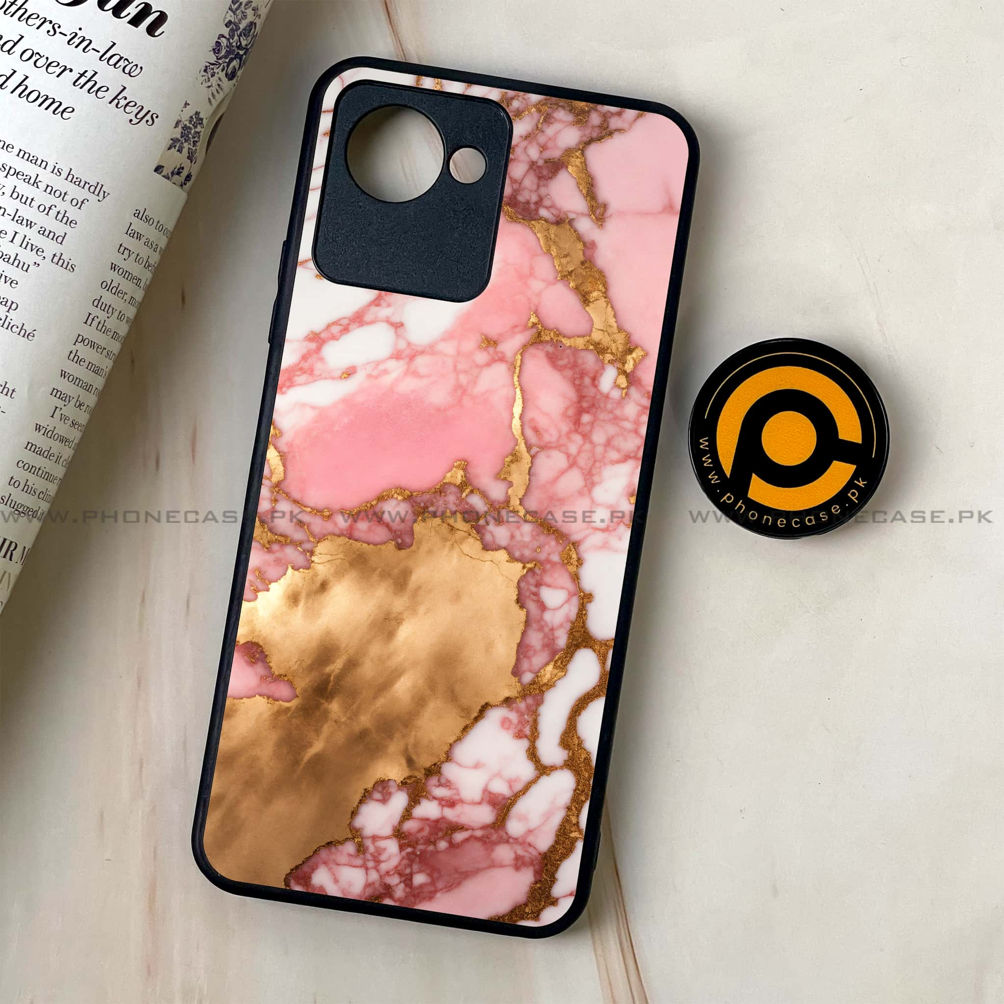 Realme C30 - Pink Marble 2.0 Series - Premium Printed Glass soft Bumper shock Proof Case