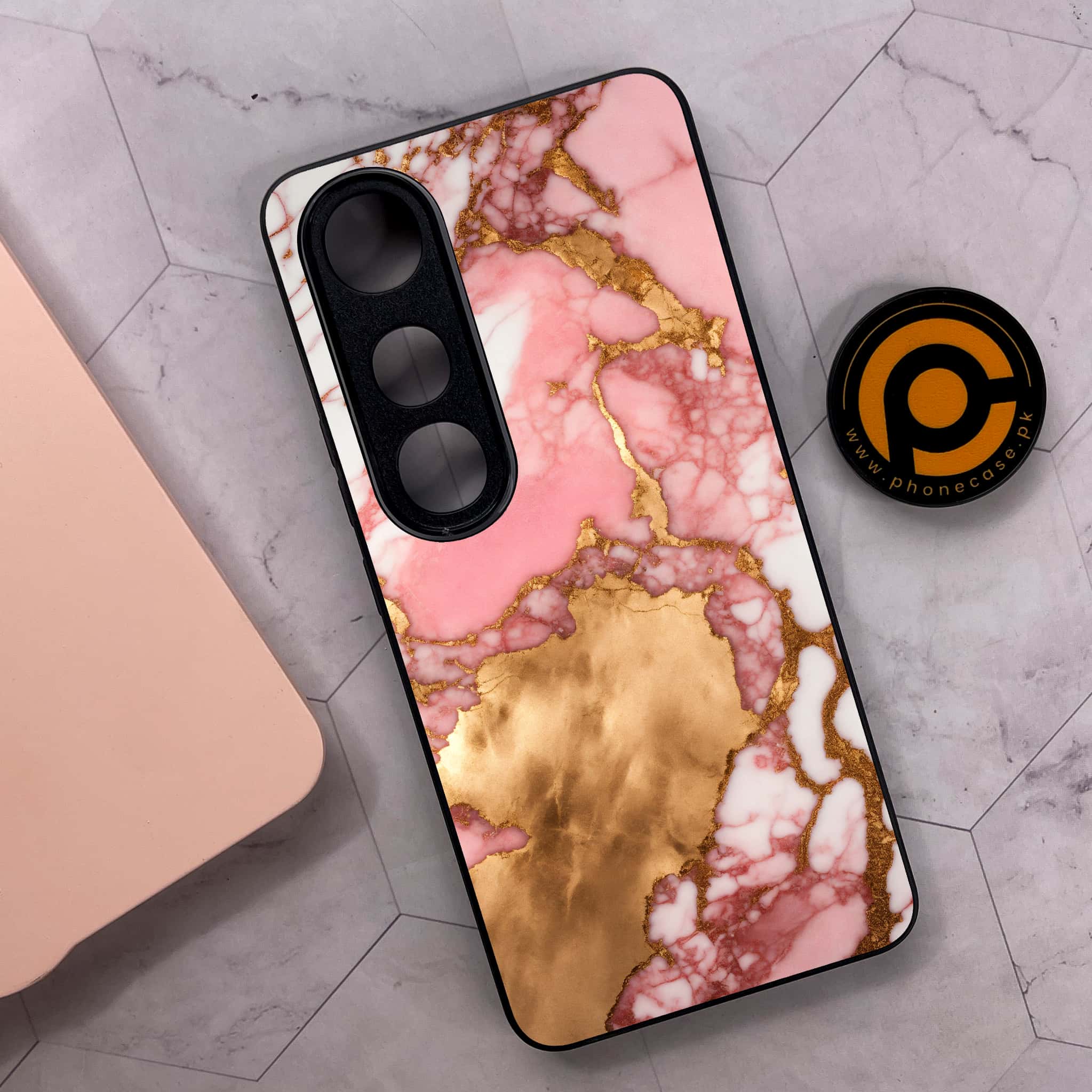 Vivo V50 Lite - Pink Marble 2.0 Series - Premium Metal Printed soft Bumper shock Proof Case