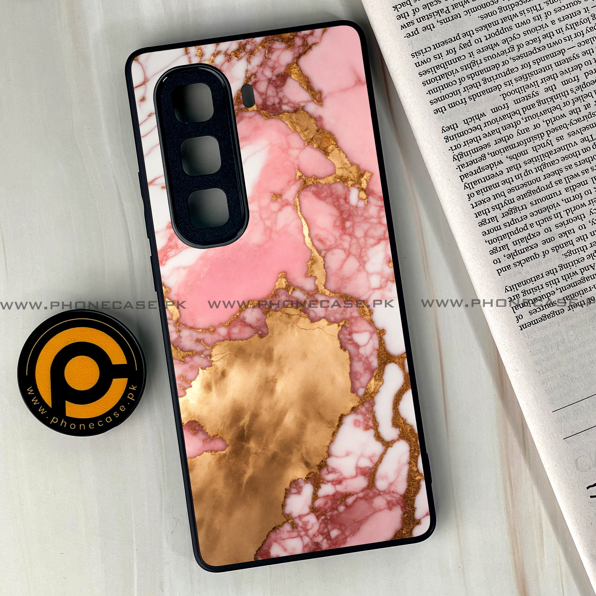 Infinix Hot 50 Pro Plus - Pink Marble 2.0 Series - Premium Printed Glass soft Bumper shock Proof Case