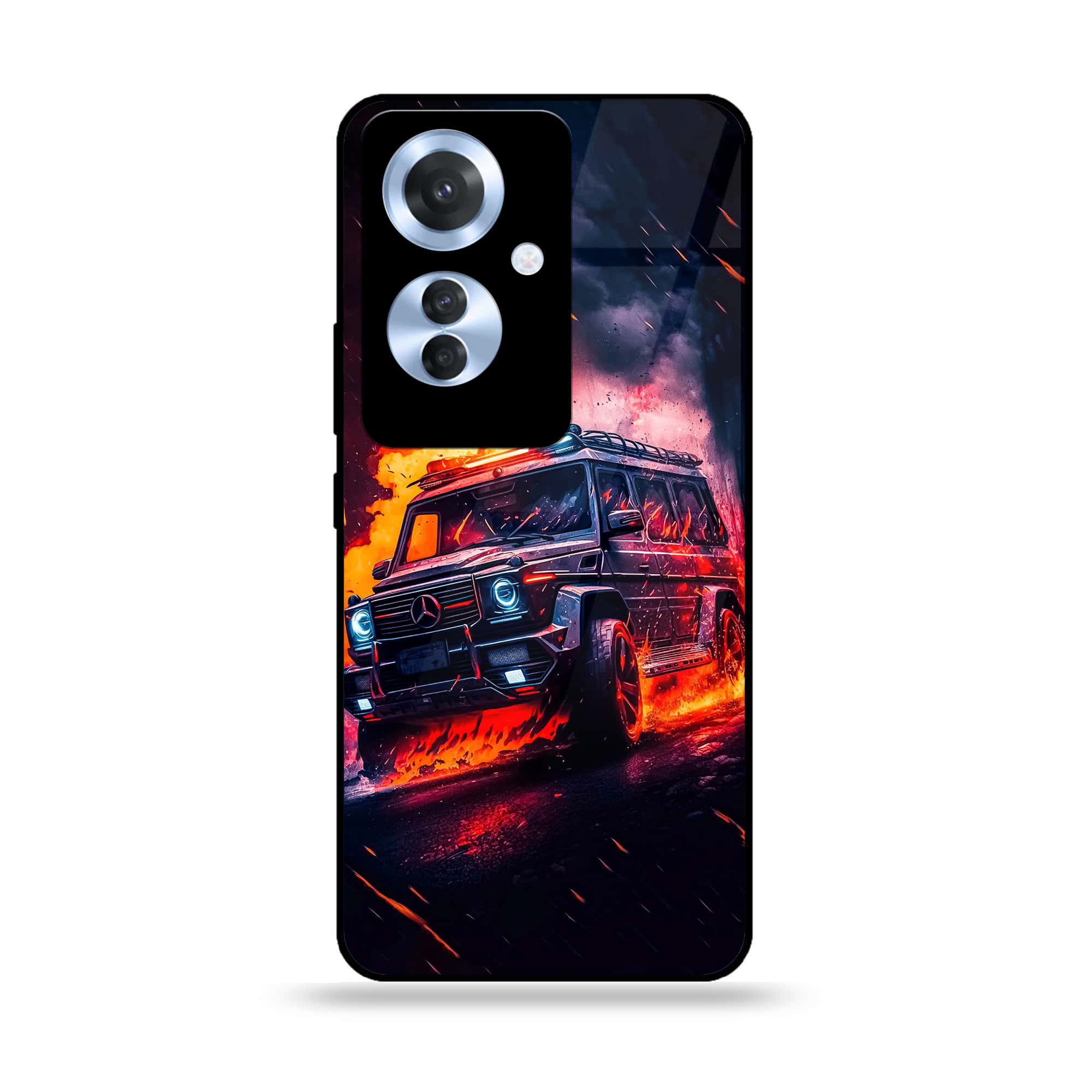 Oppo Reno 11F - Racing Series - Premium Printed Glass soft Bumper shock Proof Case