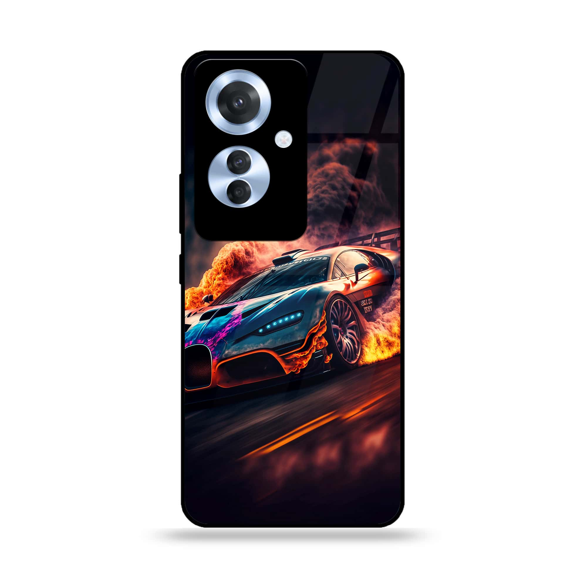 Oppo Reno 11F - Racing Series - Premium Printed Glass soft Bumper shock Proof Case