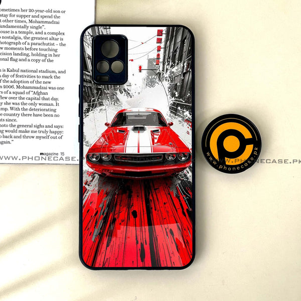 Vivo V20 - Red Muscle Car Thrill - Premium Printed Glass soft Bumper Shock Proof Case