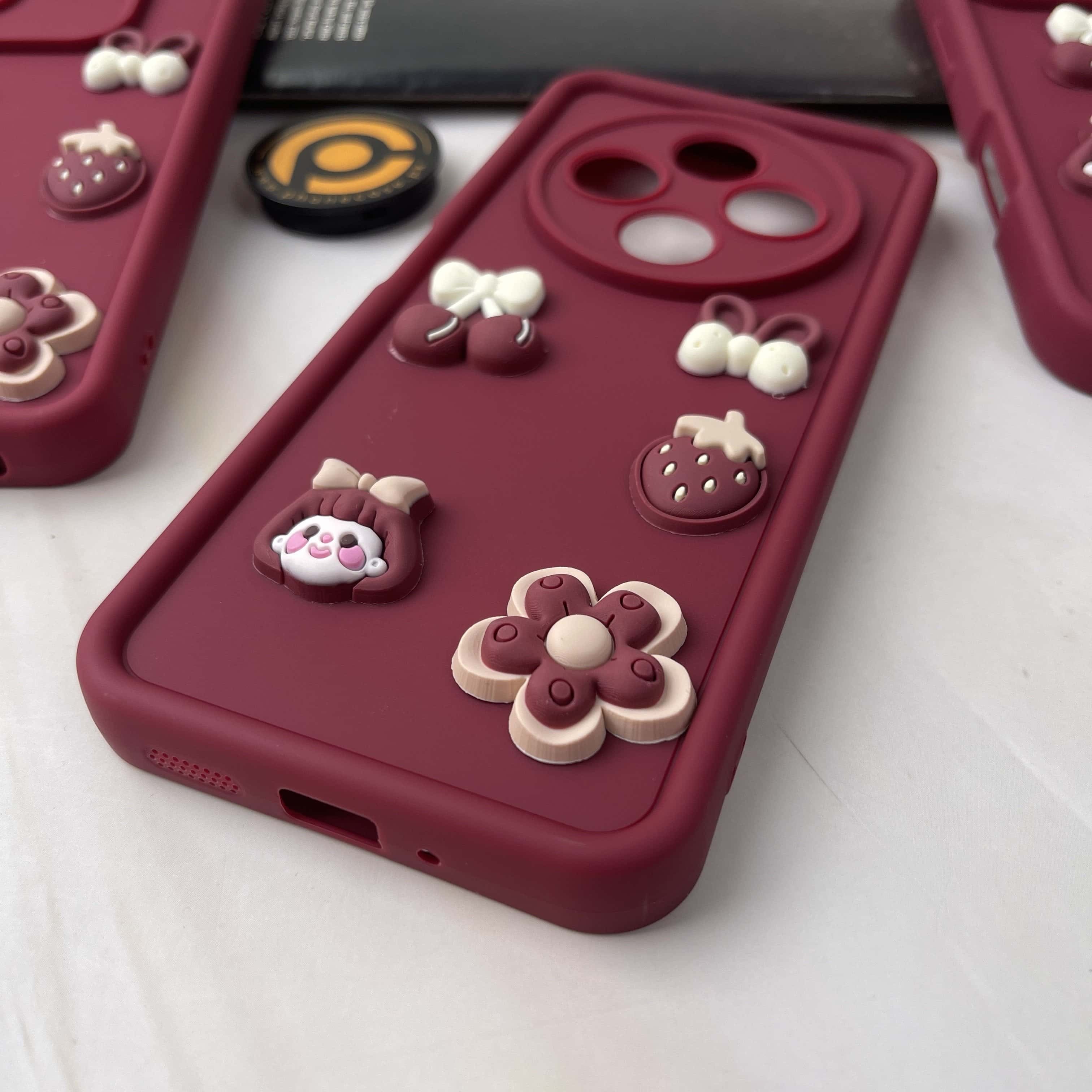 Redmi 14C Cute 3D Cherry Flower Icons Silicon Case