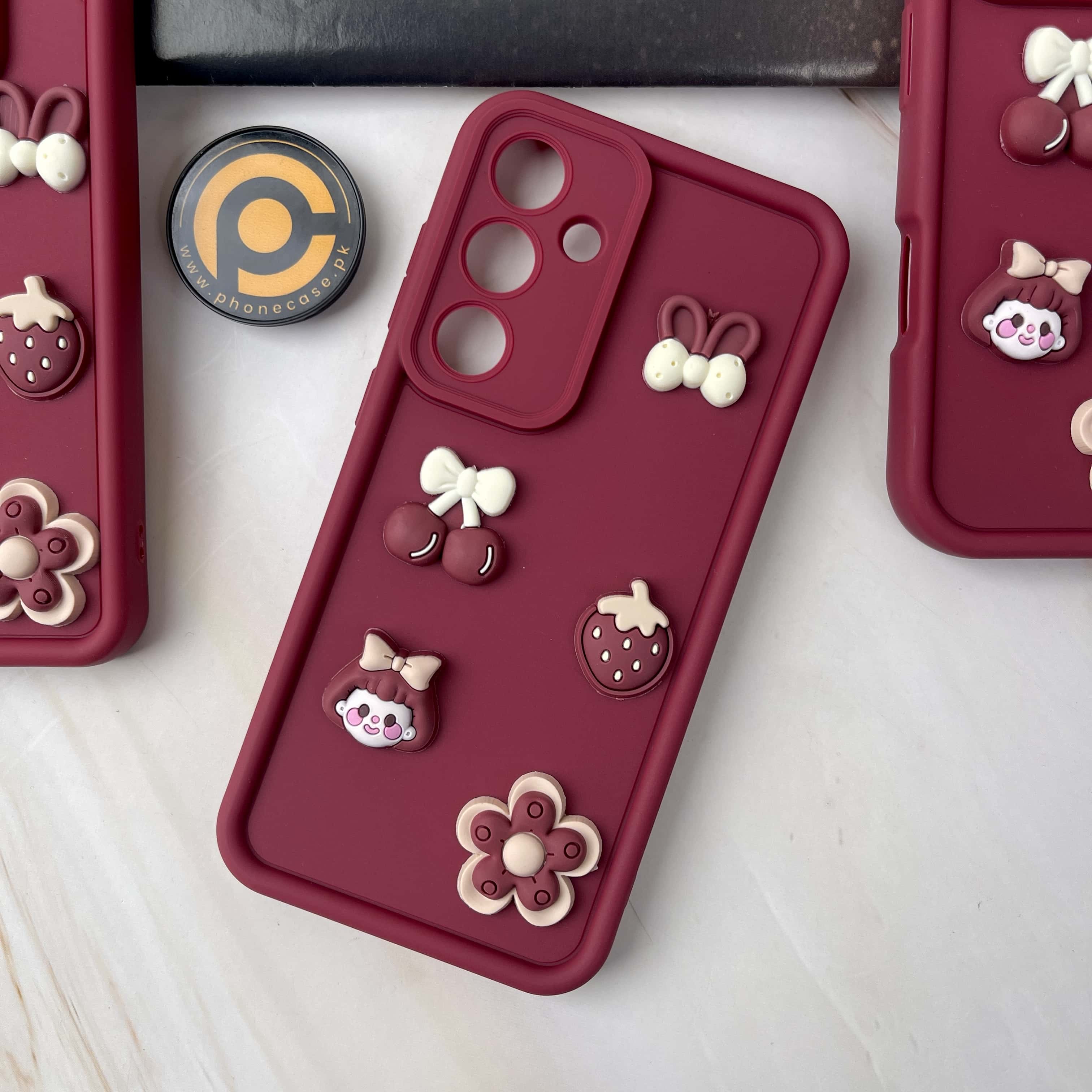 Galaxy S24 FE Cute 3D Cherry Flower Icons Silicon Case