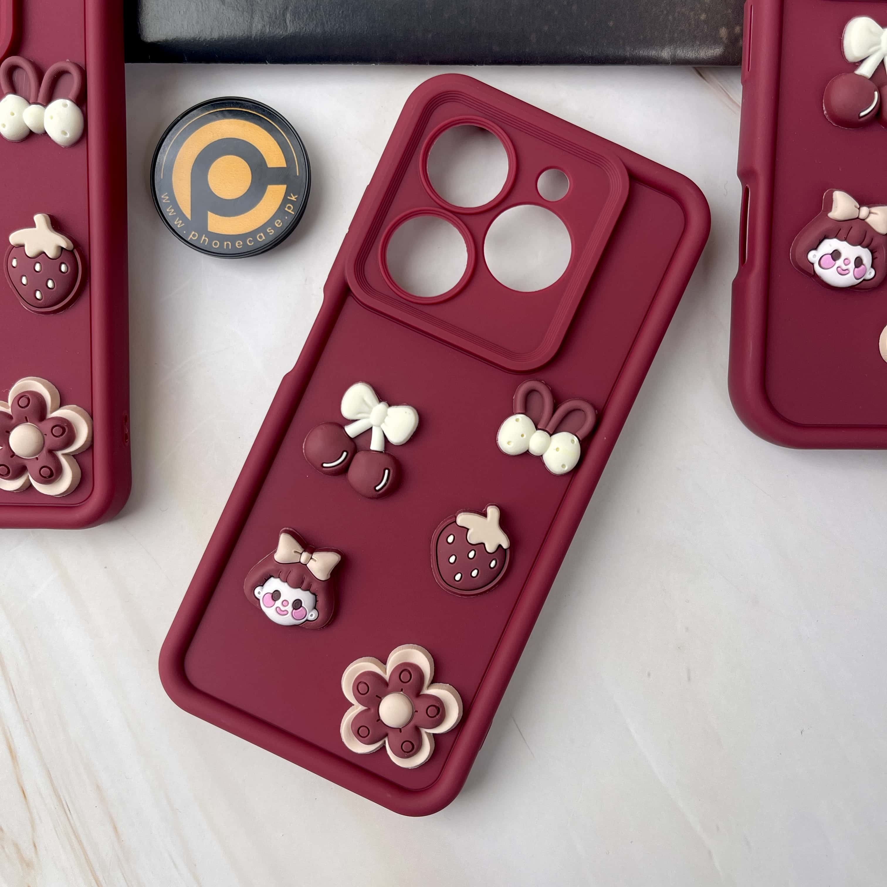 Tecno Spark GO 2024/ Smart 8/ Spark 20/ 20c/ Pop 8/ Hot 40i Cute 3D Cherry Flower Icons Silicon Case