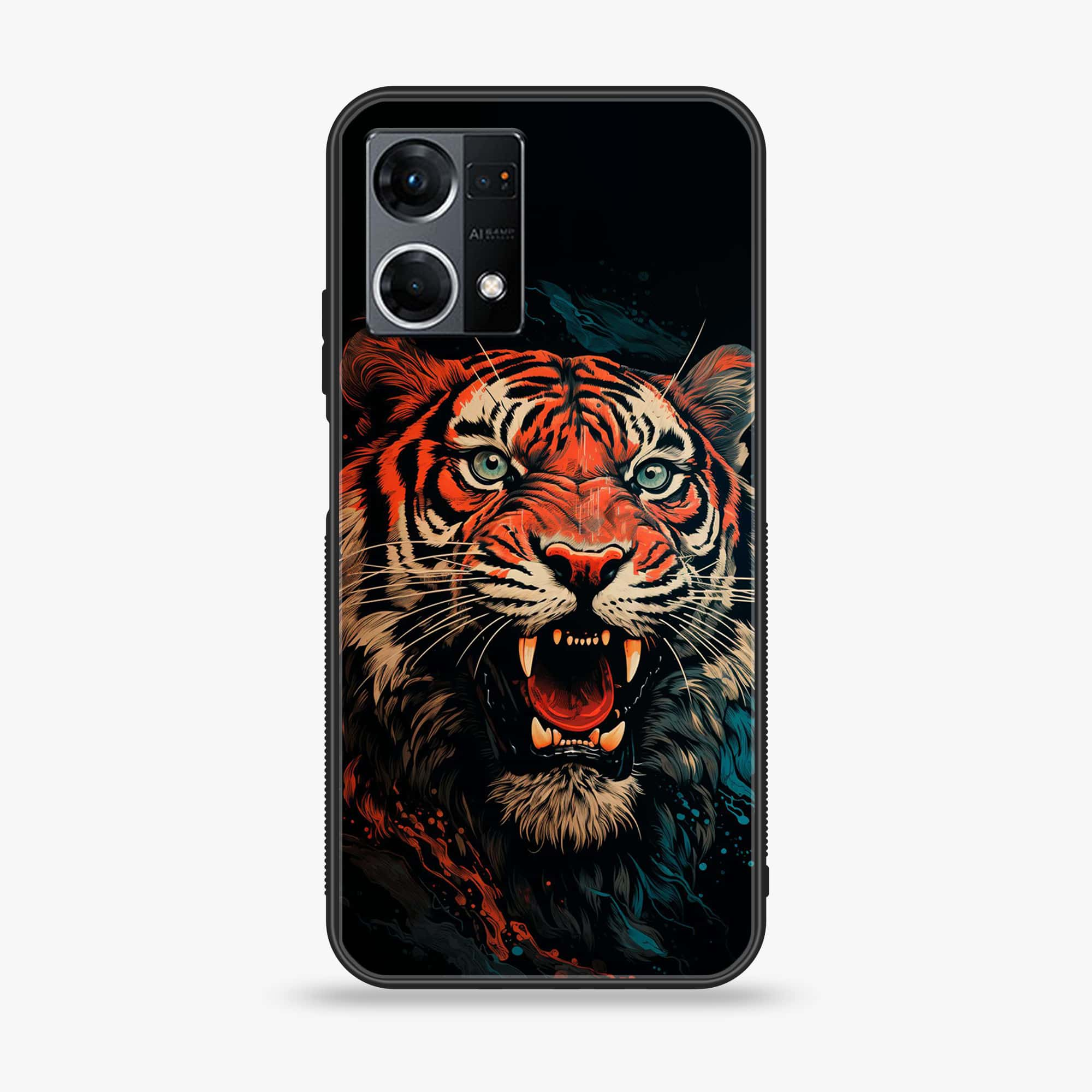 Oppo Reno 7 - Tiger 2.0 Series - Premium Printed Glass soft Bumper shock Proof Case