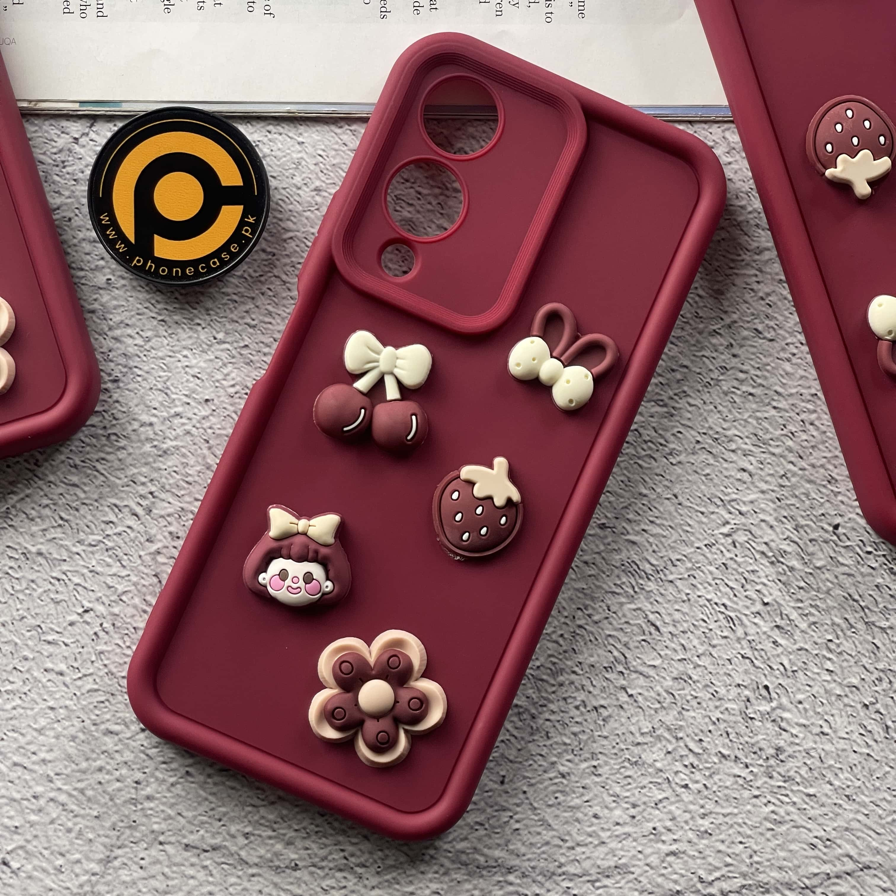 Vivo Y17s - Cute 3D Cherry Flower Icons Silicon Case