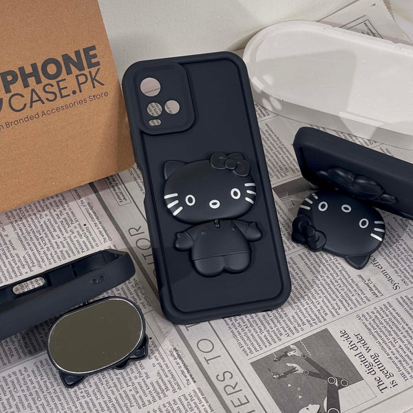 Vivo Y21 4G/ Y33s/ Y21s/ Y21A/ Y21T/Y33T - 3D Cute Kitty Case with Built-In Mirror & Stand