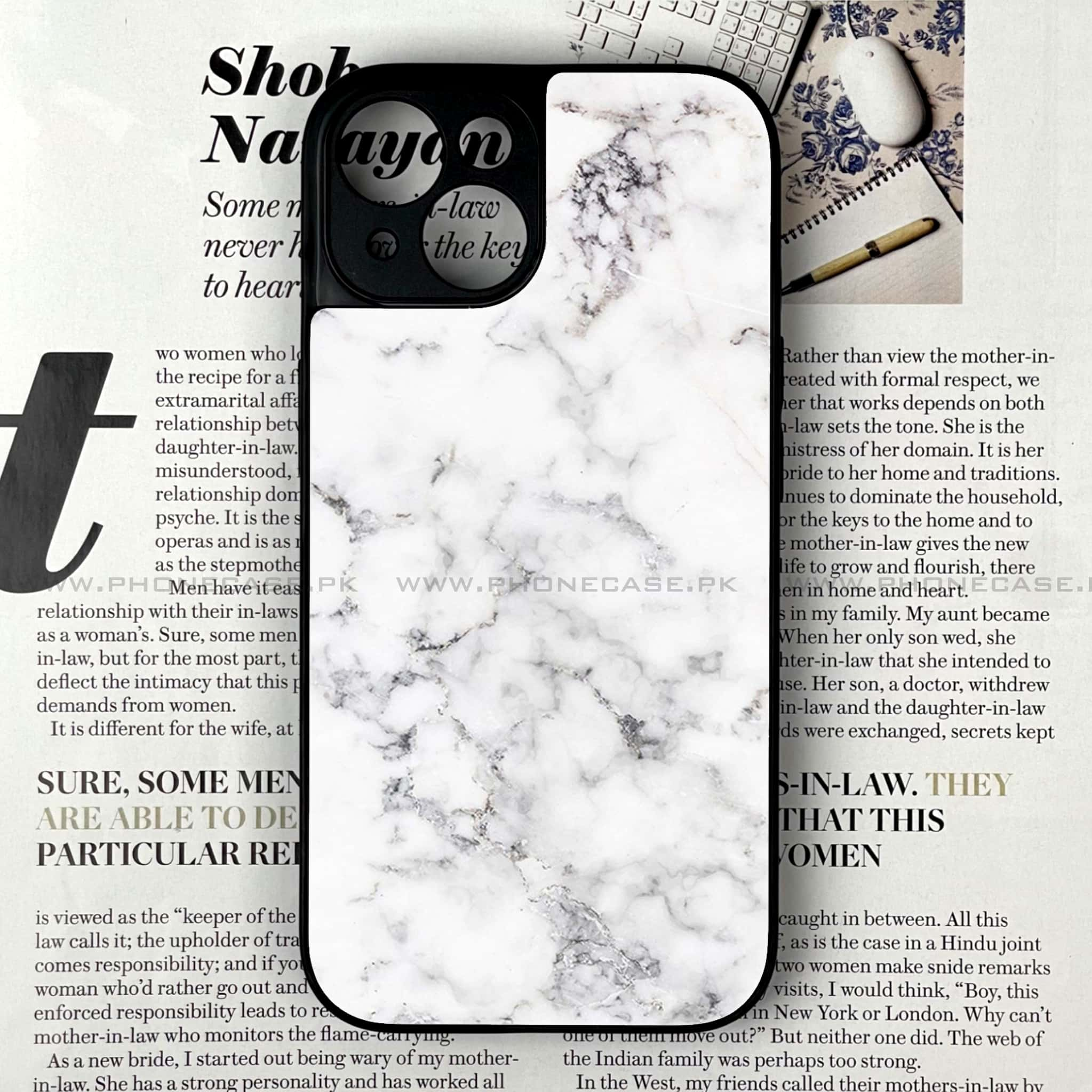 iPhone 15 - White Marble Series - Premium Printed Glass soft Bumper shock Proof Case