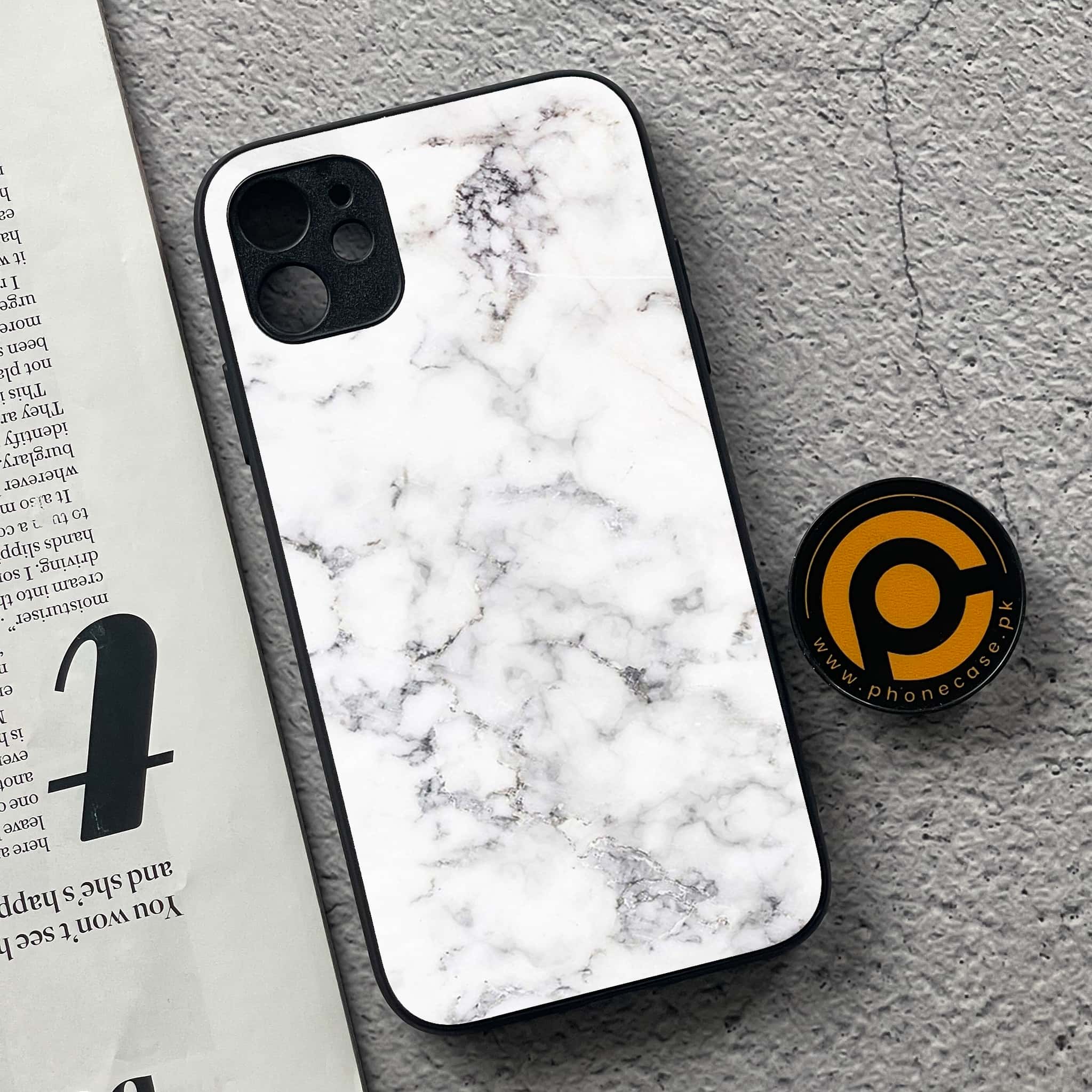 iPhone 11 White Marble Series  Premium Printed Glass soft Bumper shock Proof Case