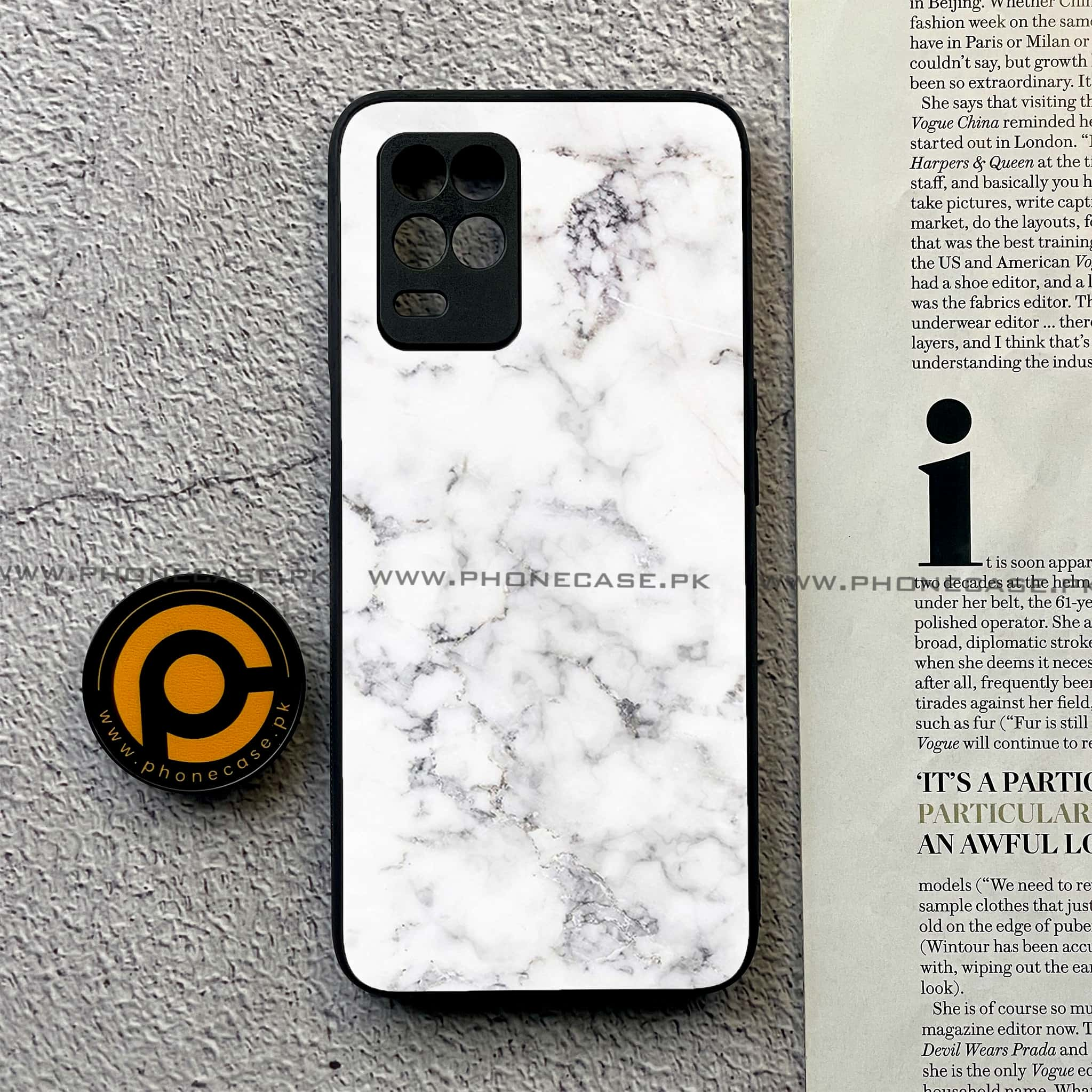 Realme Narzo 30 5G - White Marble Series - Premium Printed Glass soft Bumper shock Proof Case