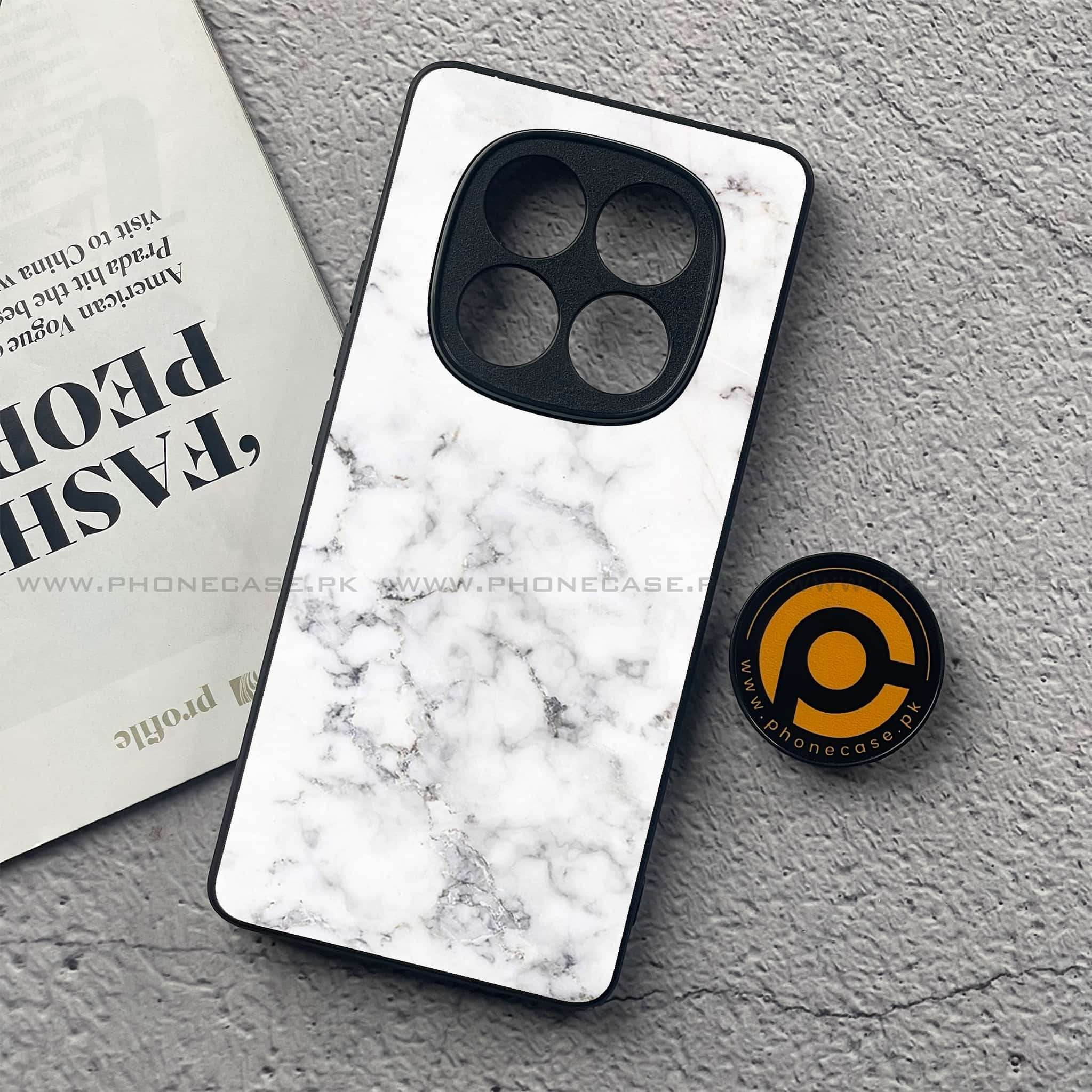 Redmi Note 14 Pro Plus 5G - White Marble Series - Premium Printed Glass soft Bumper shock Proof Case