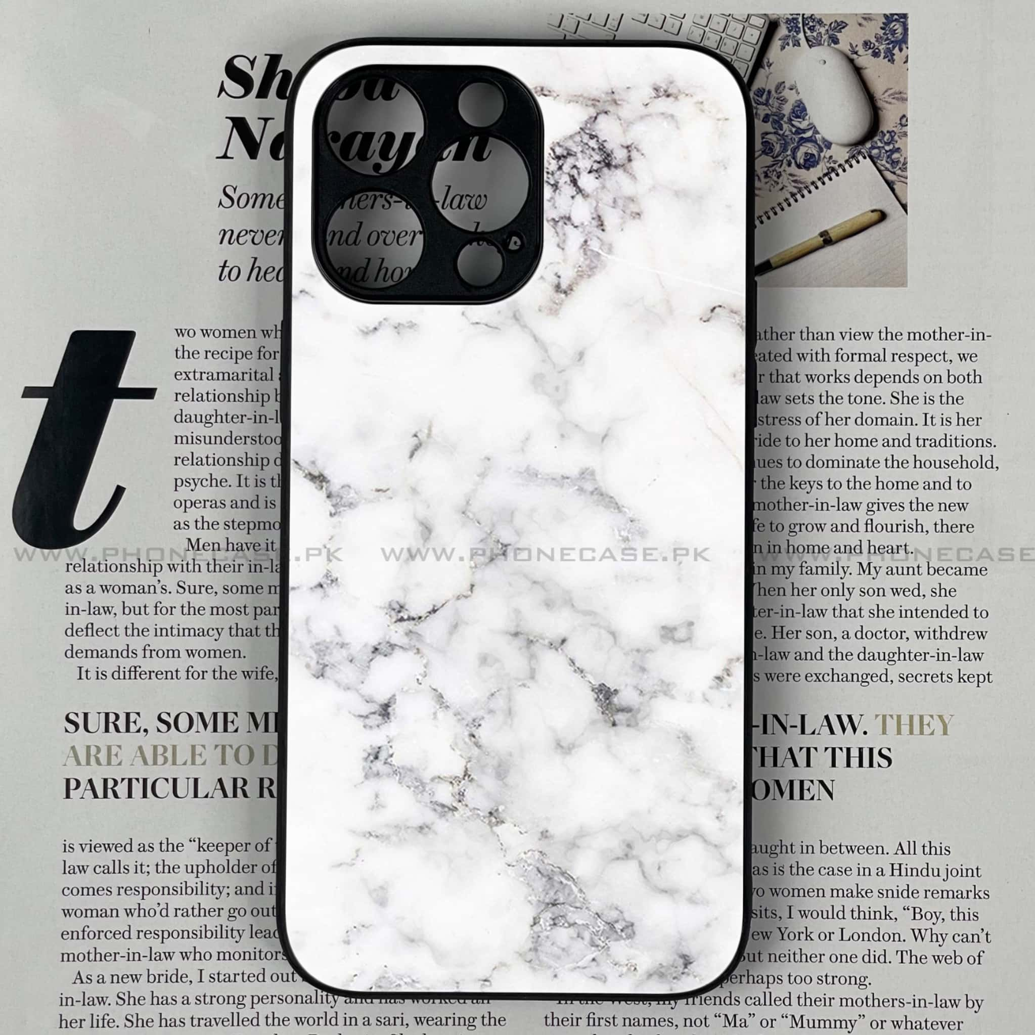 iPhone 16 Pro Max - White Marble Series - Premium Printed Glass soft Bumper shock Proof Case