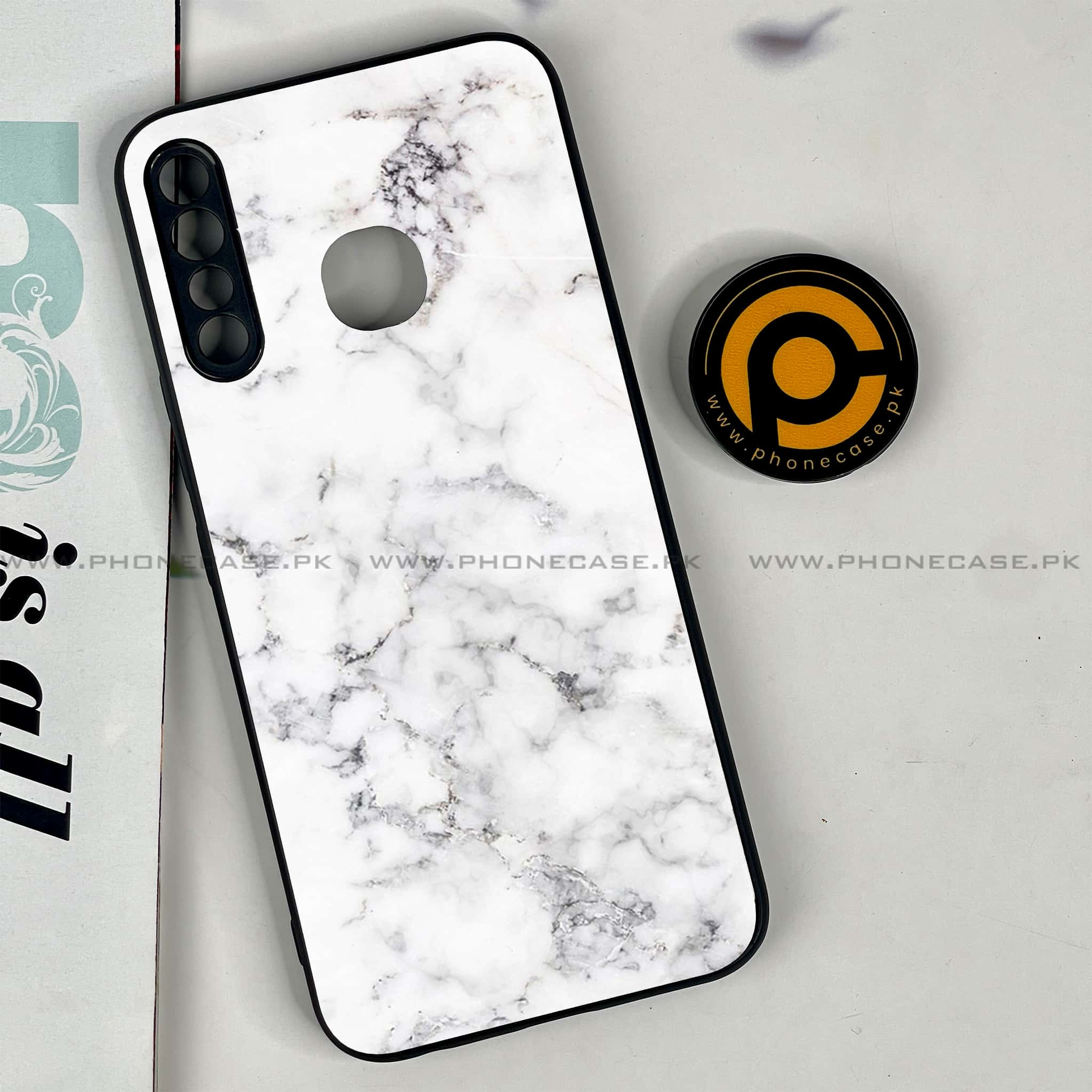 Infinix Hot 8 Lite - White Marble series - Premium Printed Glass soft Bumper shock Proof Cas