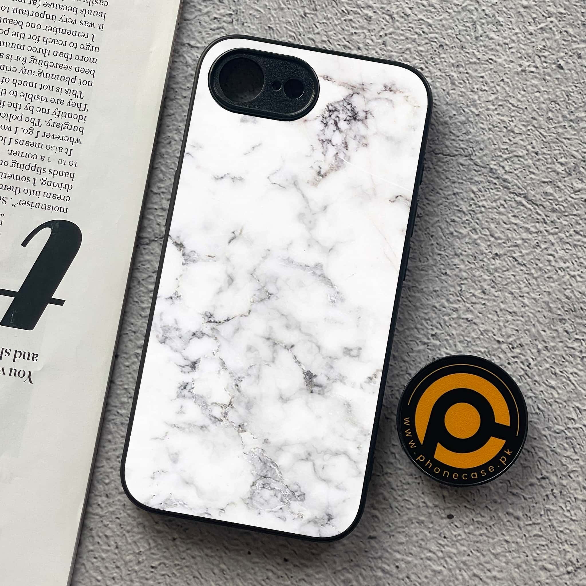 iPhone 16e - White Marble Series - Premium Metal  Printed soft Bumper shock Proof Case