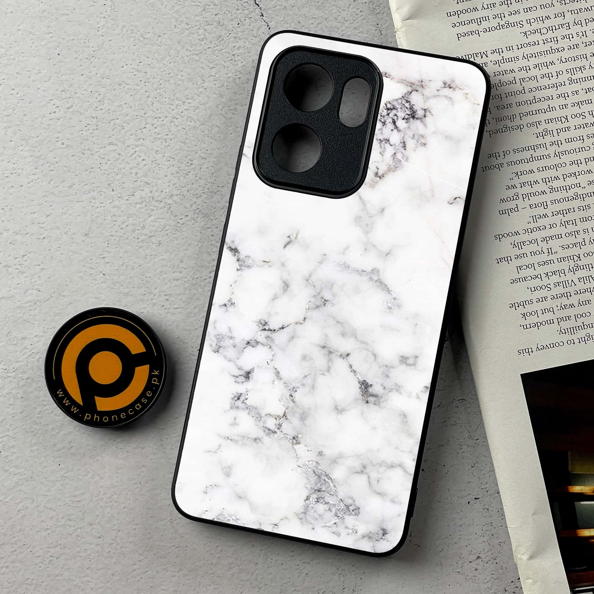 Oppo Reno 13F - White Marble Series - Premium Metal Printed Soft Bumper Shockproof Case