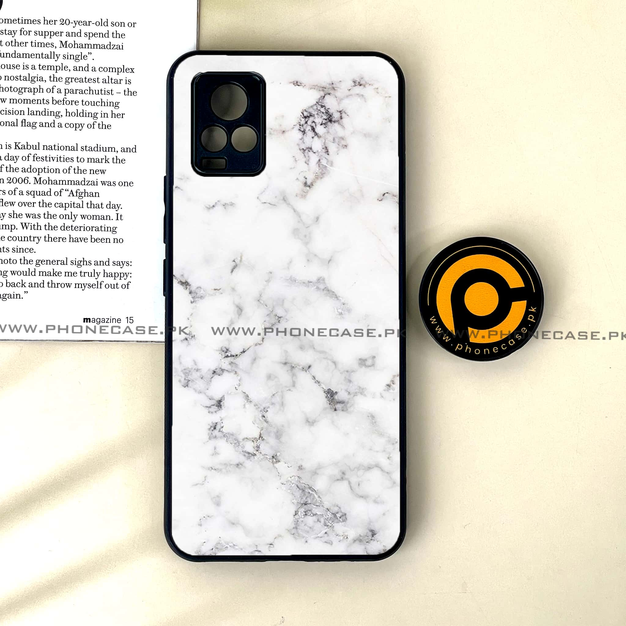 Vivo V20 - White Marble Series - Premium Printed Glass soft Bumper shock Proof Case