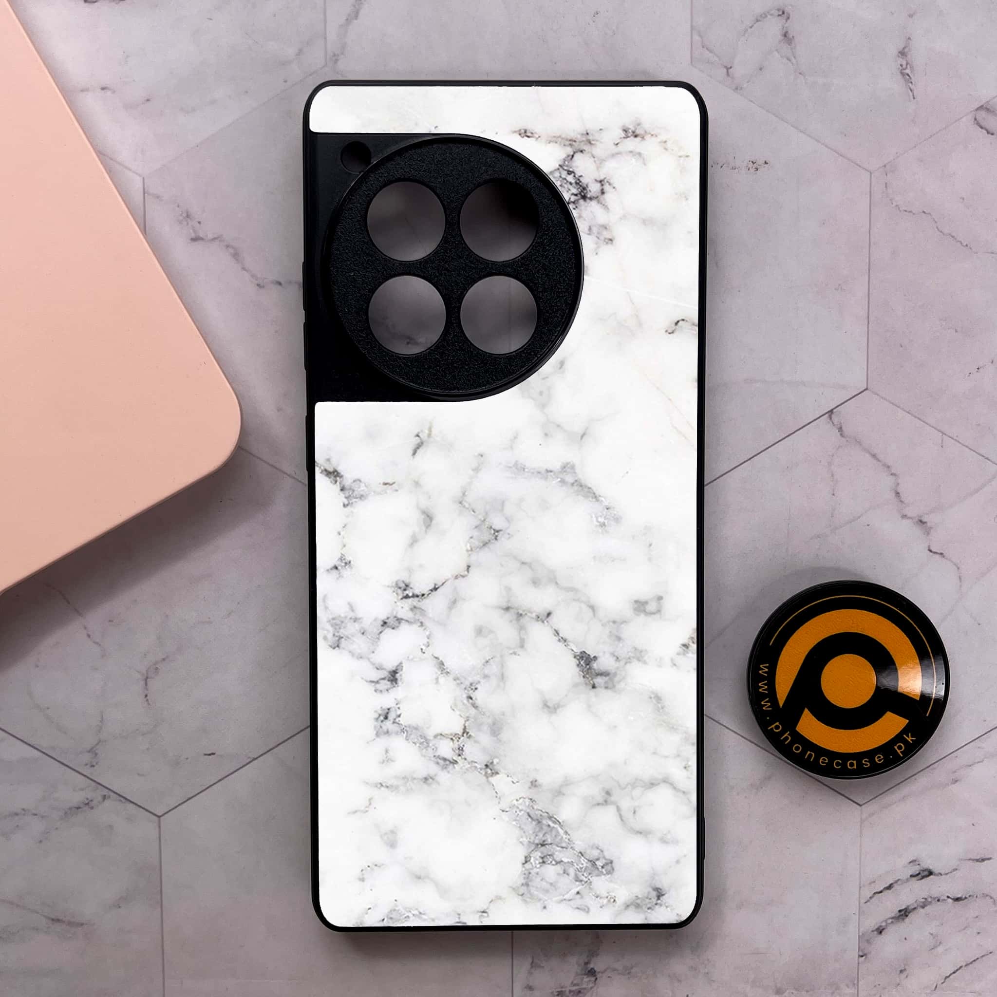 OnePlus 12R - White Marble Series - Premium Metal Printed soft Bumper shock Proof Case