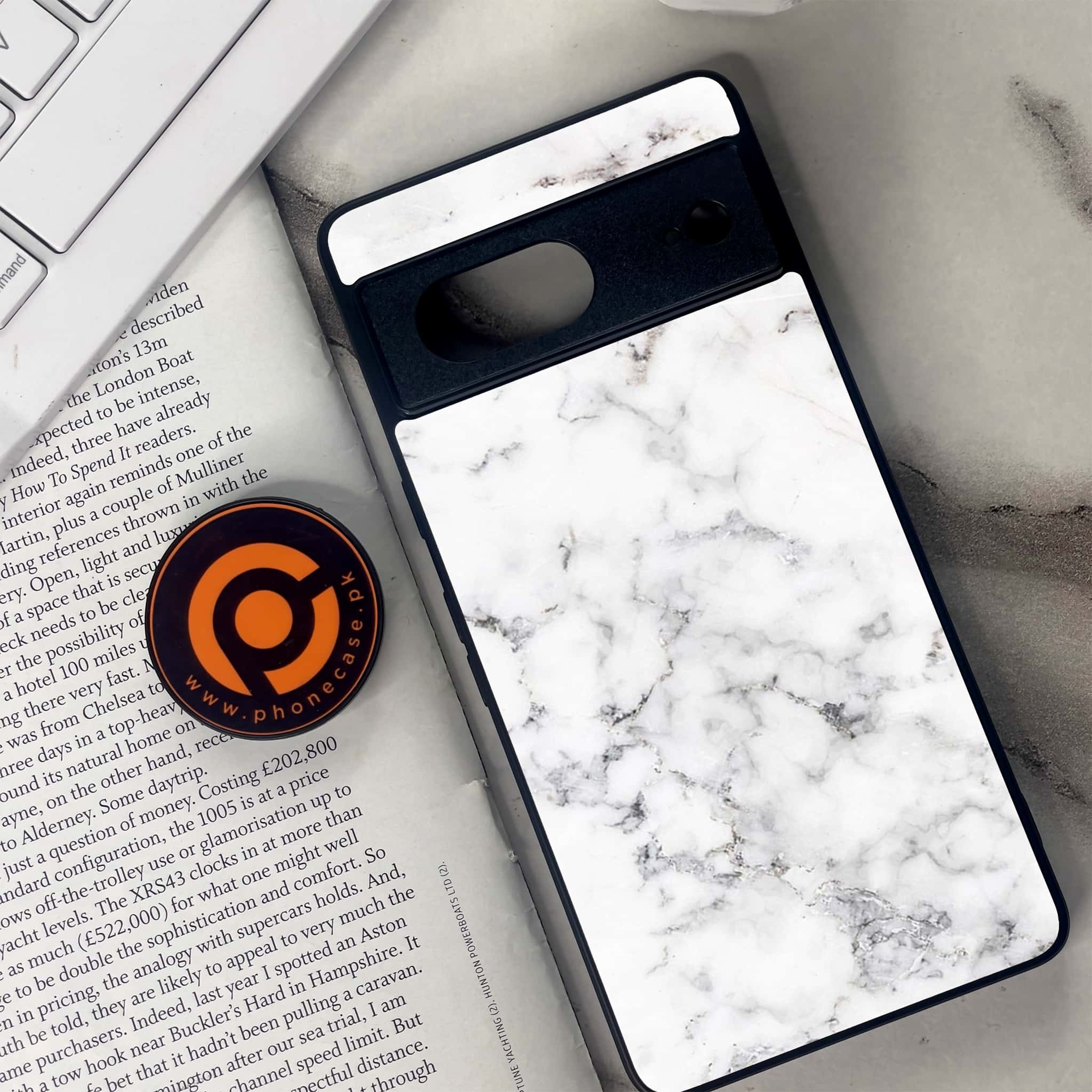 Google Pixel 7 - White Marble Series - Premium Metal Printed soft Bumper Shock Proof Case