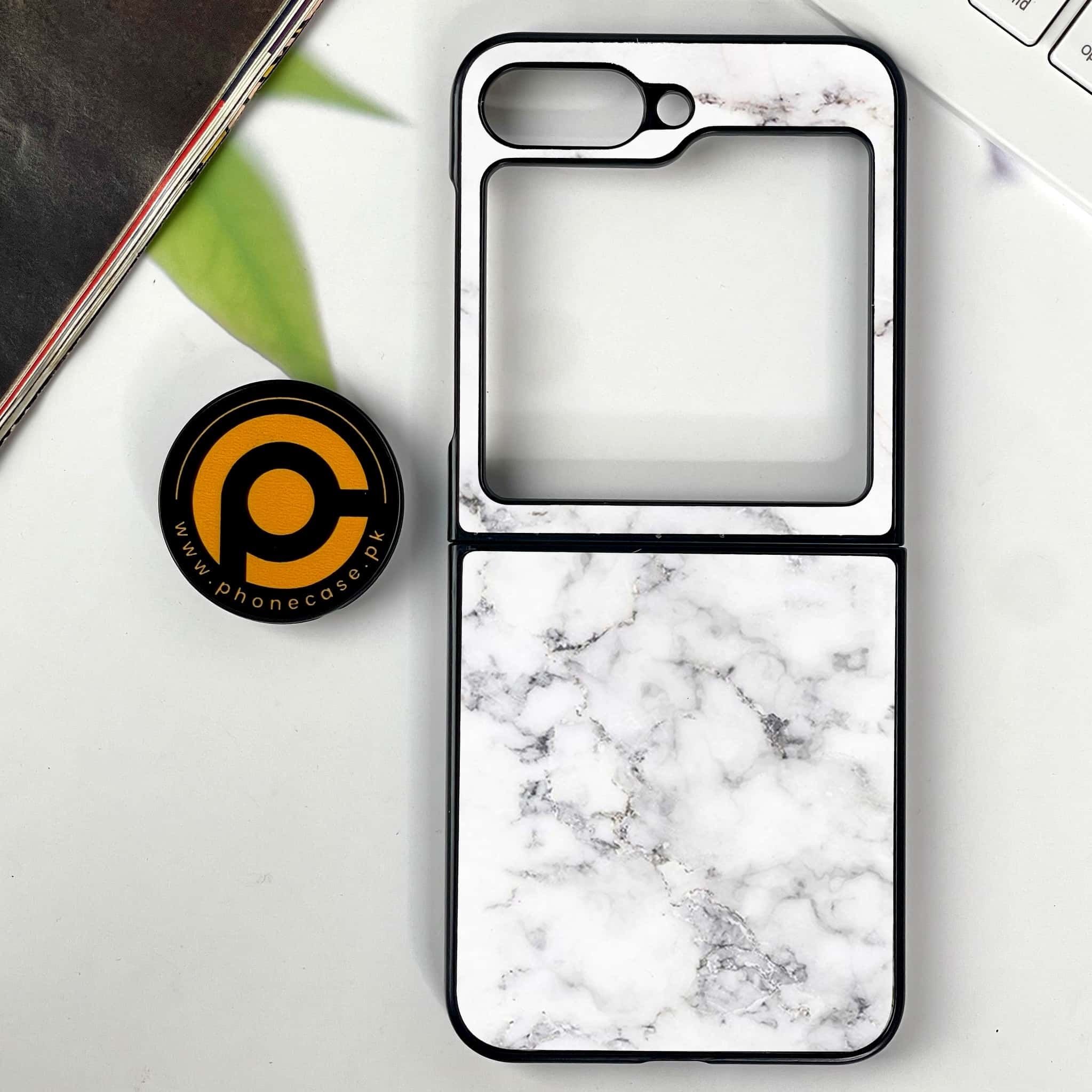 Galaxy Z Flip 6 - White Marble series - Premium Printed Glass soft Bumper shock Proof Case