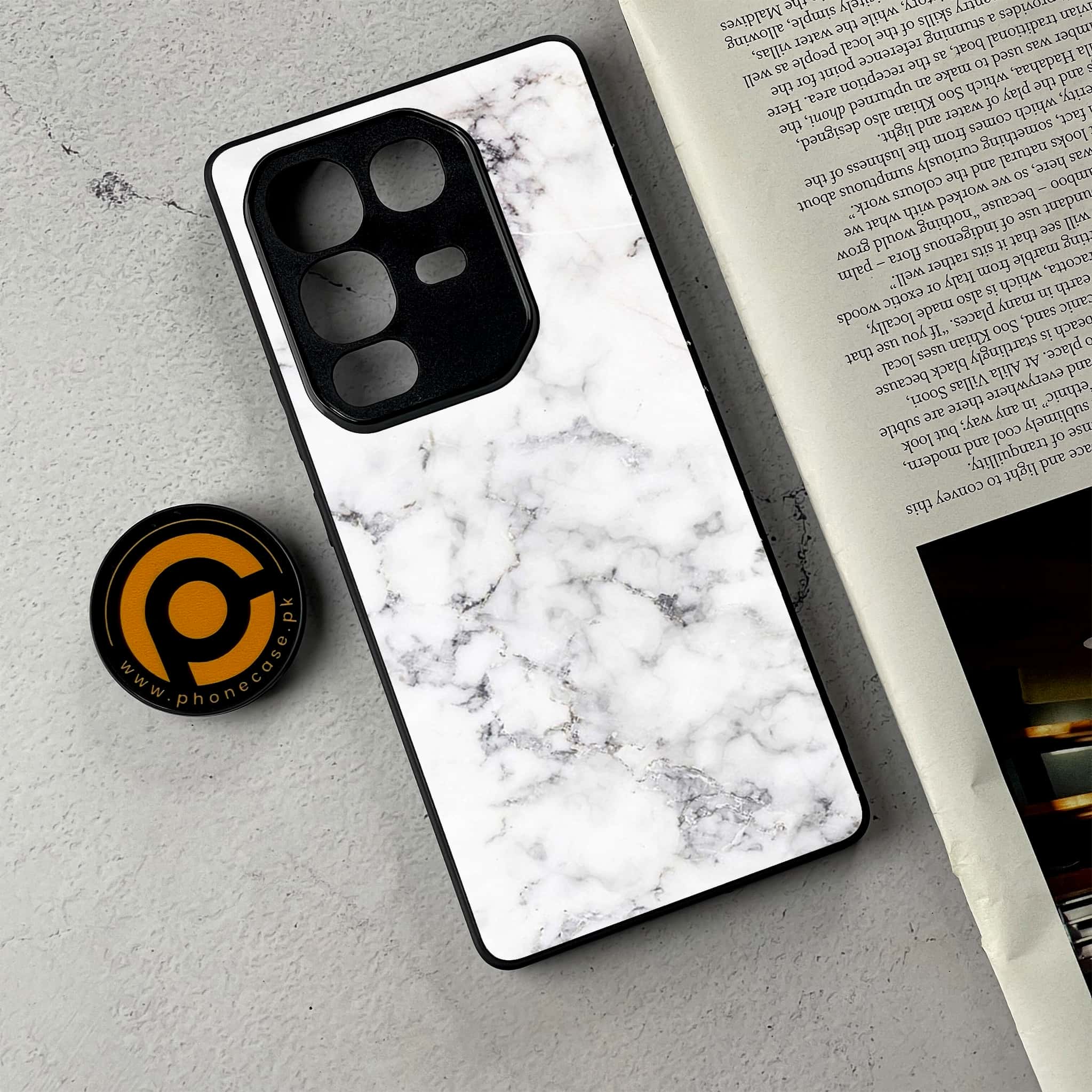 Infinix Note 50 - White Marble Series - Premium Metal Printed Soft Bumper Shockproof Case