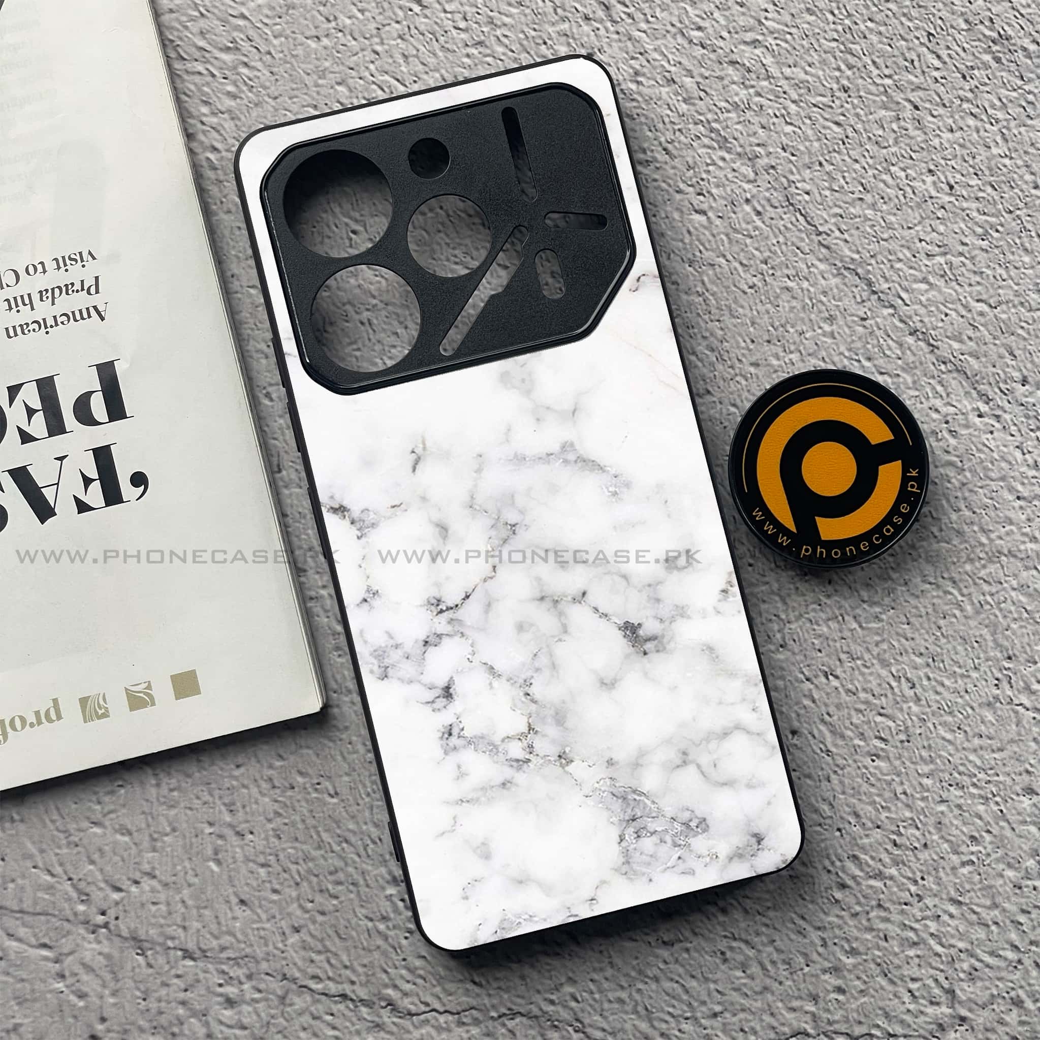 Tecno Pova 6 Pro - White Marble Series - Premium Printed Glass soft Bumper shock Proof Case