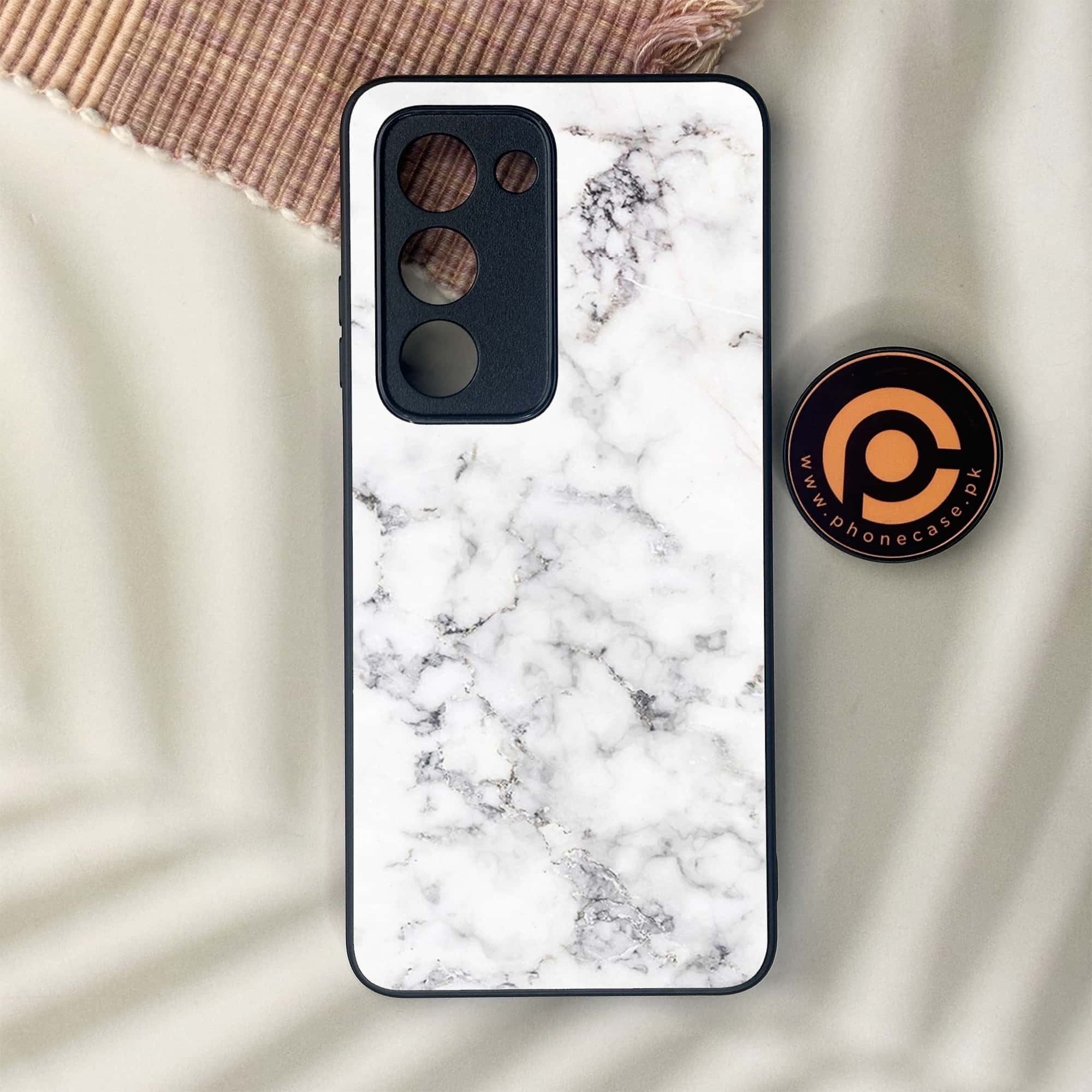 Oppo A5 2025 - White Marble Series - Premium Metal Printed soft Bumper shock Proof Case