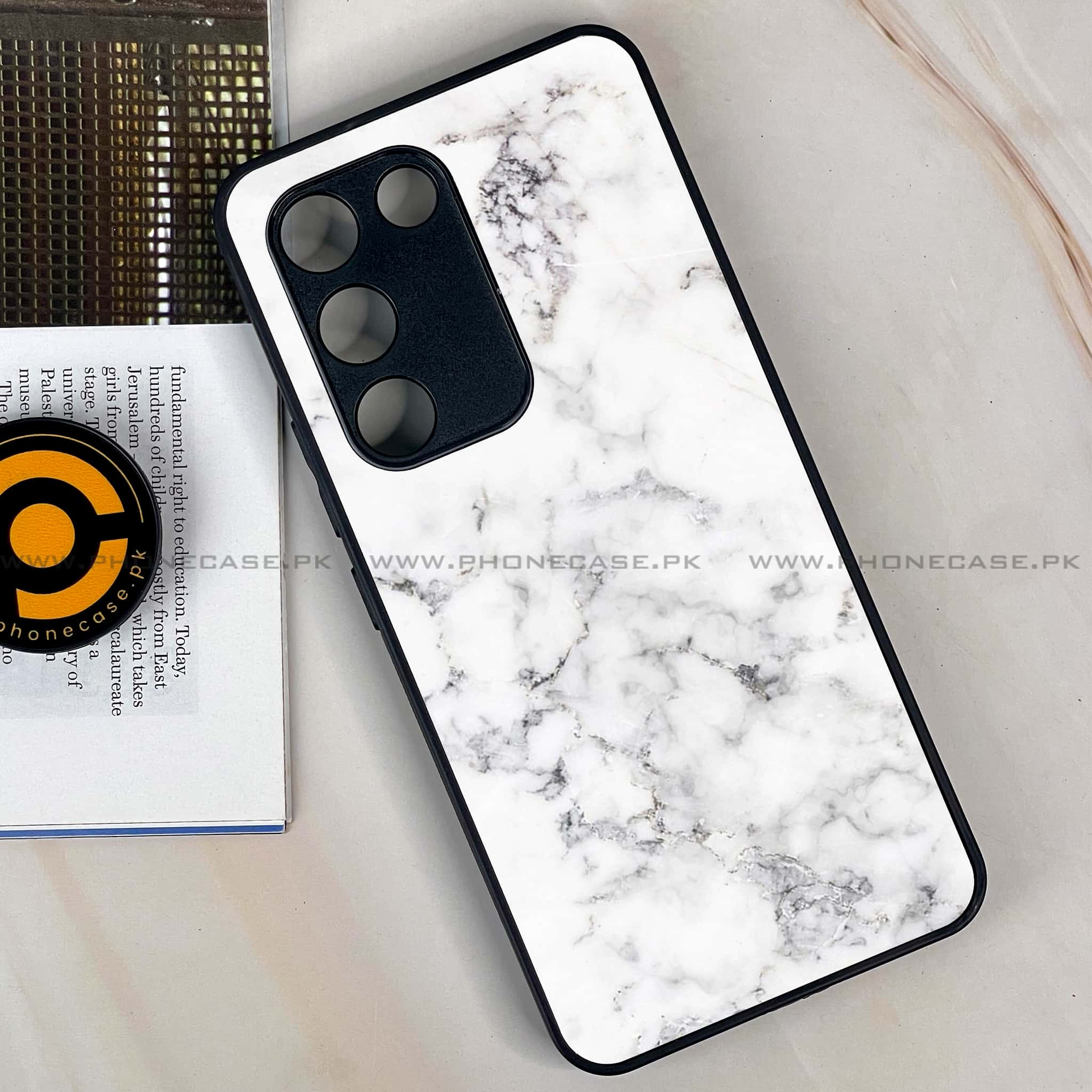 Vivo Y100 - White Marble series - Premium Printed Glass soft Bumper shock Proof Case