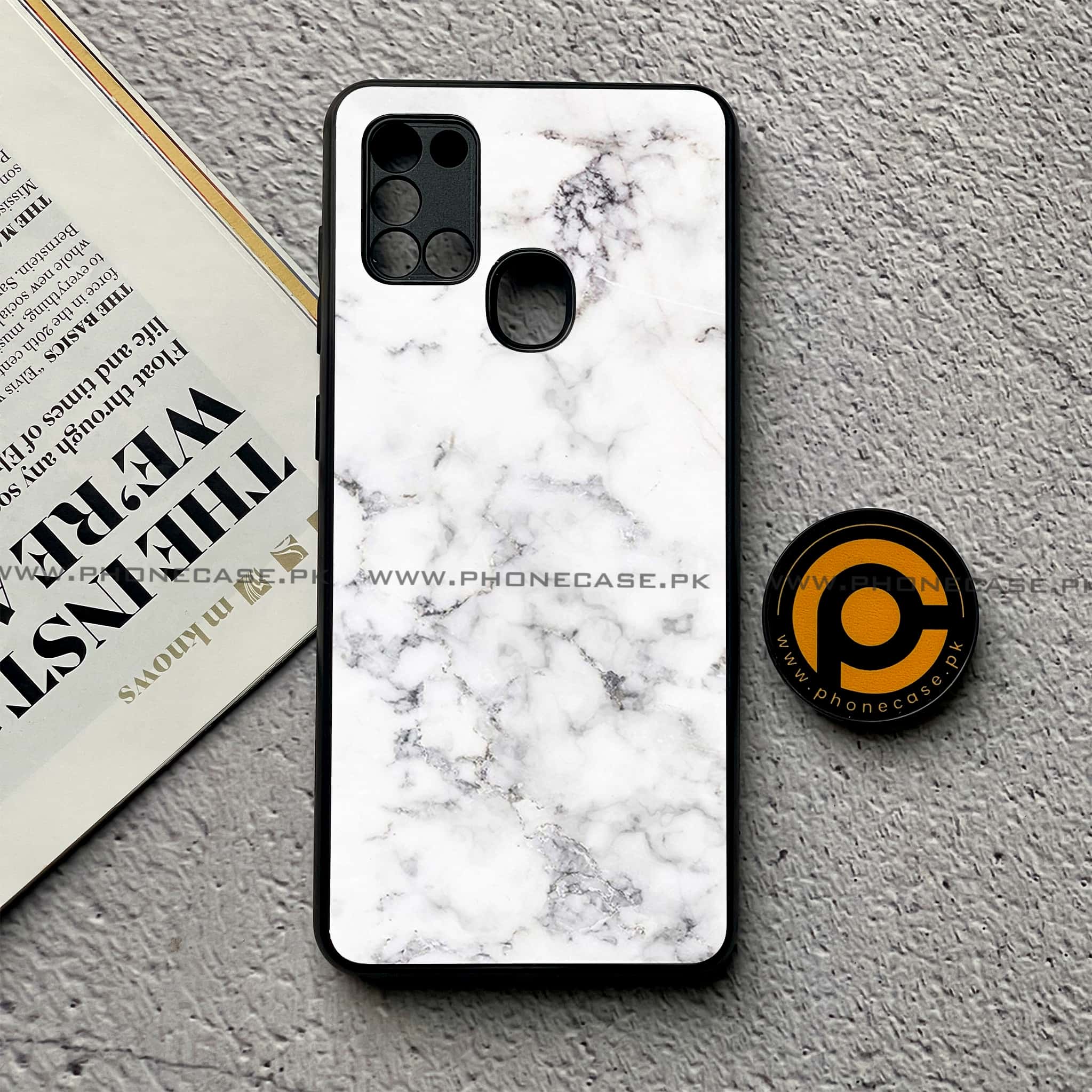 Samsung Galaxy A21s - White Marble Series - Premium Printed Glass soft Bumper shock Proof Case