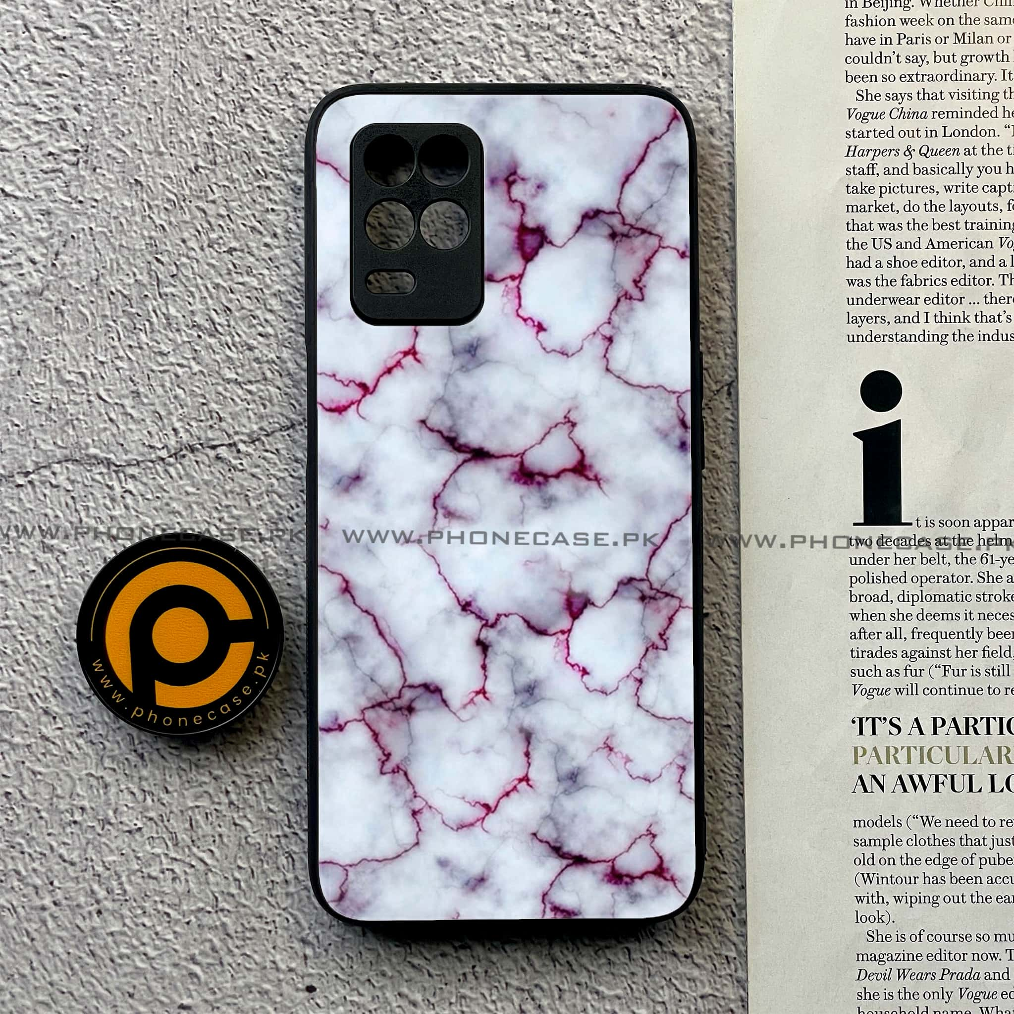 Realme Narzo 30 5G - White Marble Series - Premium Printed Glass soft Bumper shock Proof Case