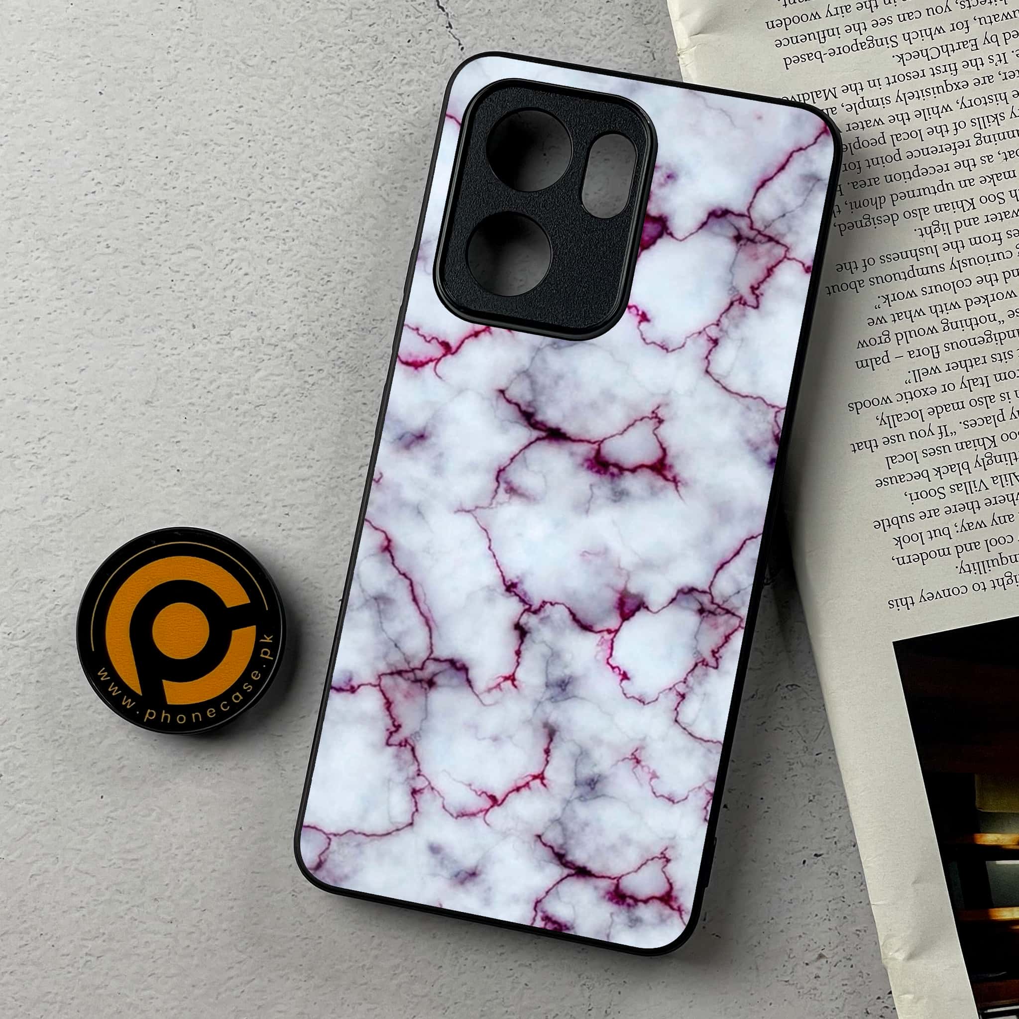 Oppo Reno 13F - White Marble Series - Premium Metal Printed Soft Bumper Shockproof Case