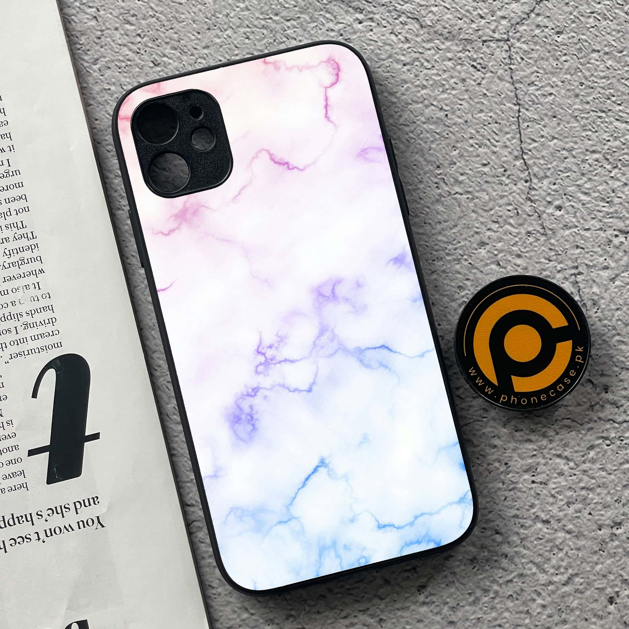 iPhone 11 White Marble Series  Premium Printed Glass soft Bumper shock Proof Case