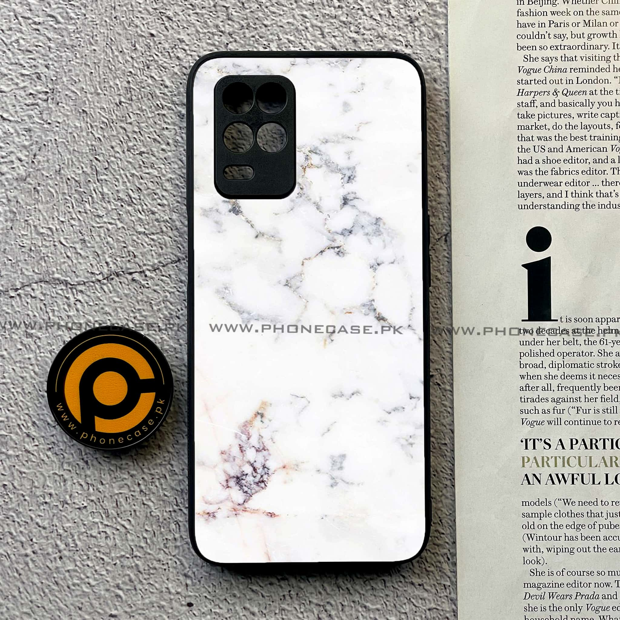 Realme Narzo 30 5G - White Marble Series - Premium Printed Glass soft Bumper shock Proof Case