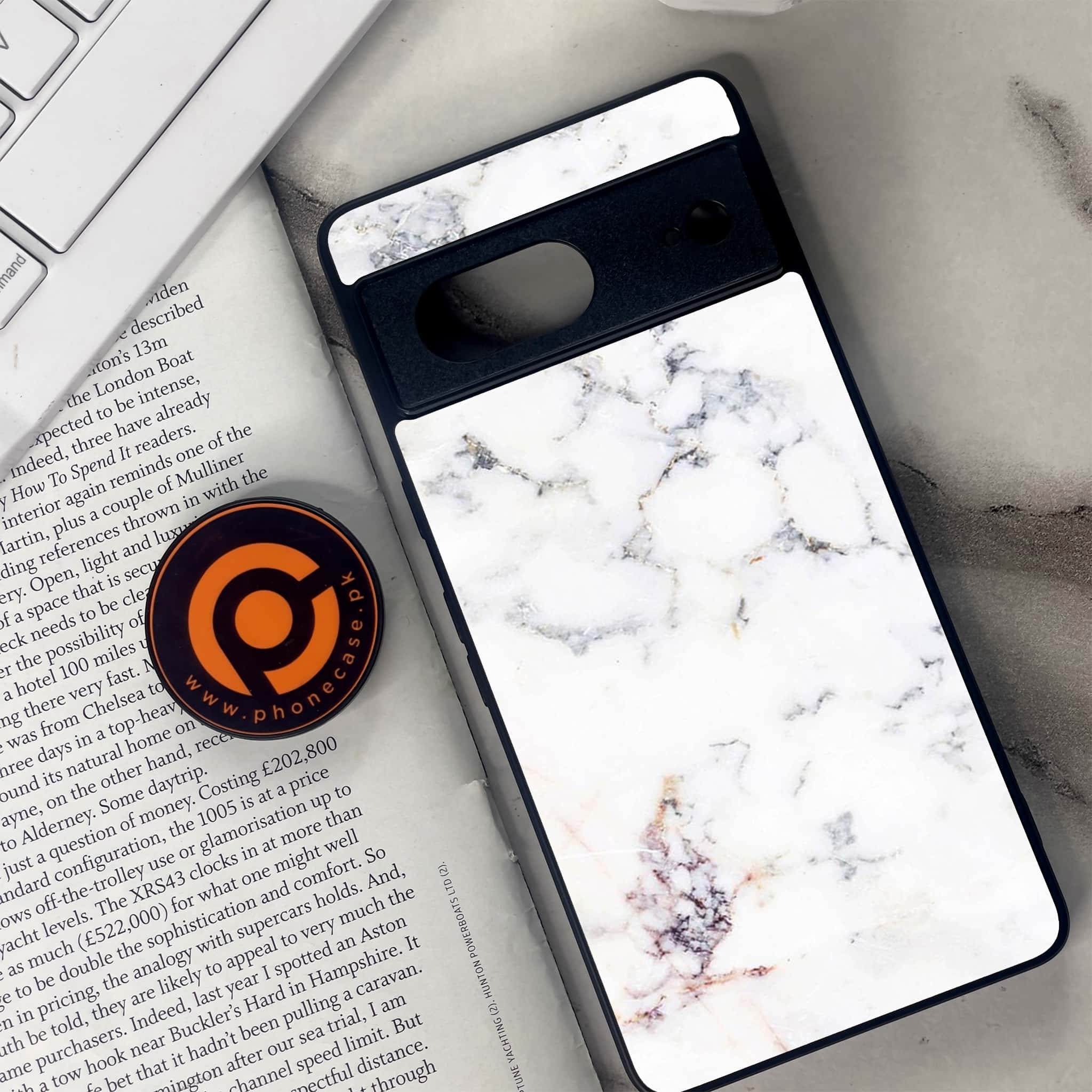 Google Pixel 7 - White Marble Series - Premium Metal Printed soft Bumper Shock Proof Case