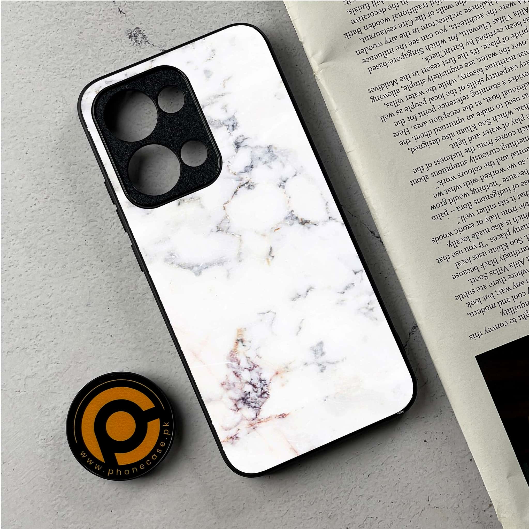 Oppo Reno 13 - White Marble Series - Premium Metal Printed Soft Bumper Shockproof Case