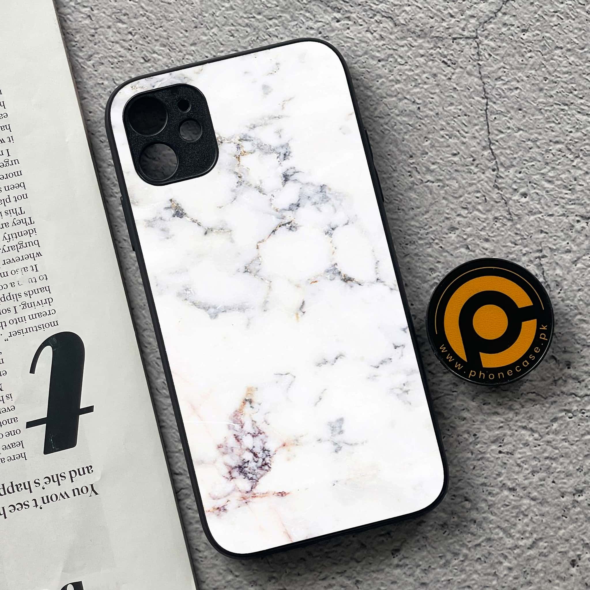 iPhone 11 White Marble Series  Premium Printed Glass soft Bumper shock Proof Case